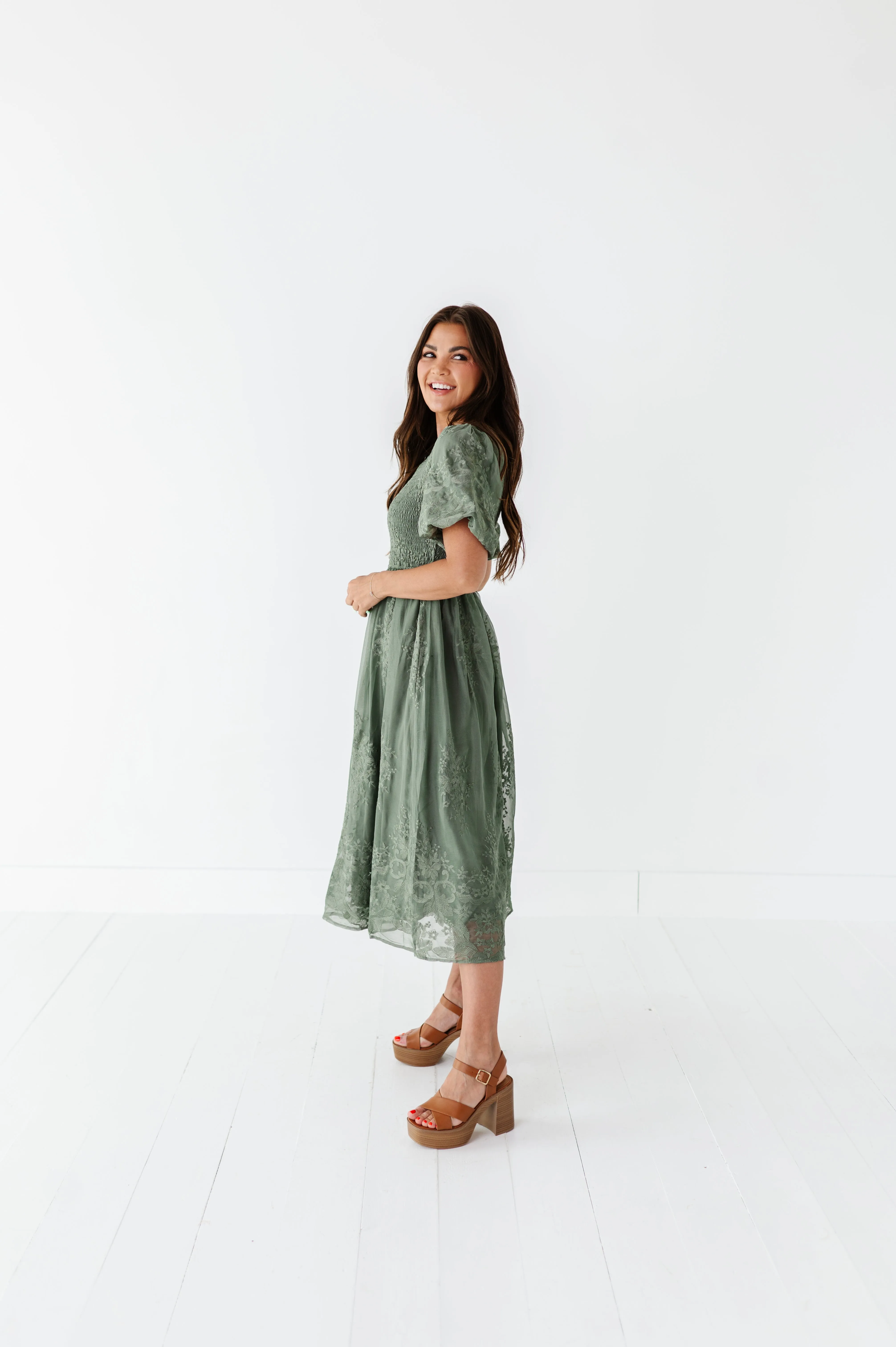 Mia Embroidered Smocked Dress in Sage