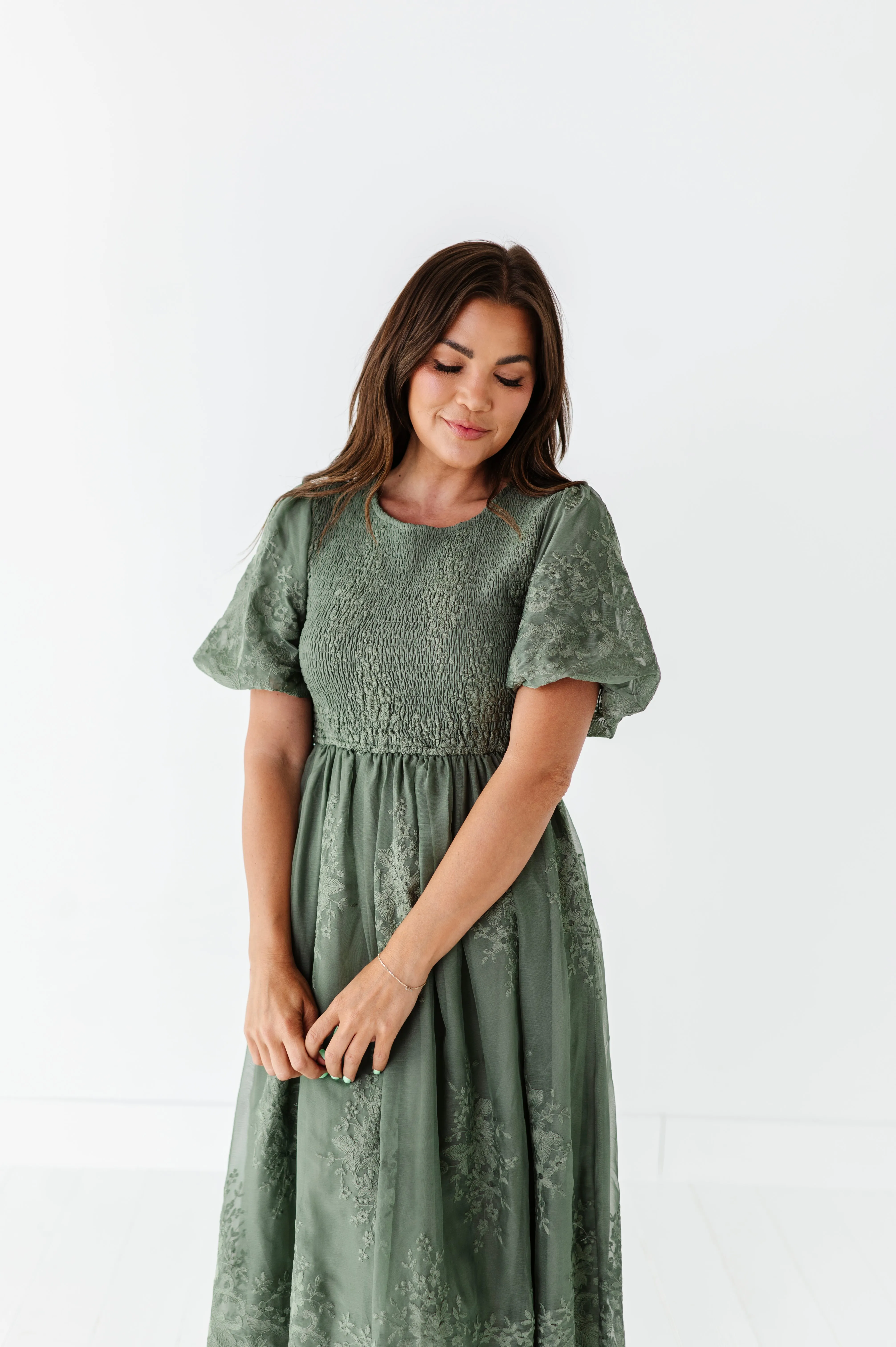 Mia Embroidered Smocked Dress in Sage