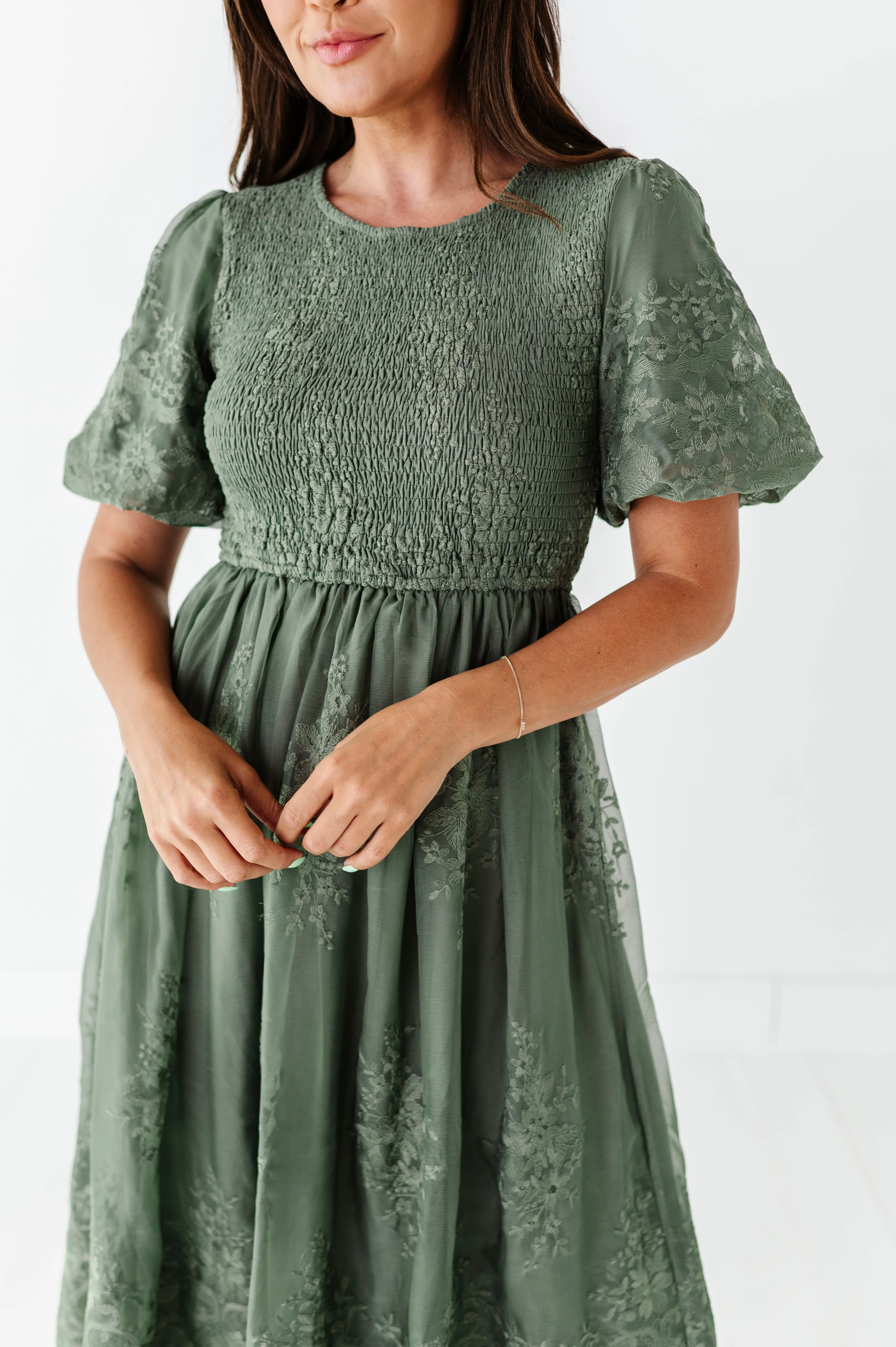 Mia Embroidered Smocked Dress in Sage