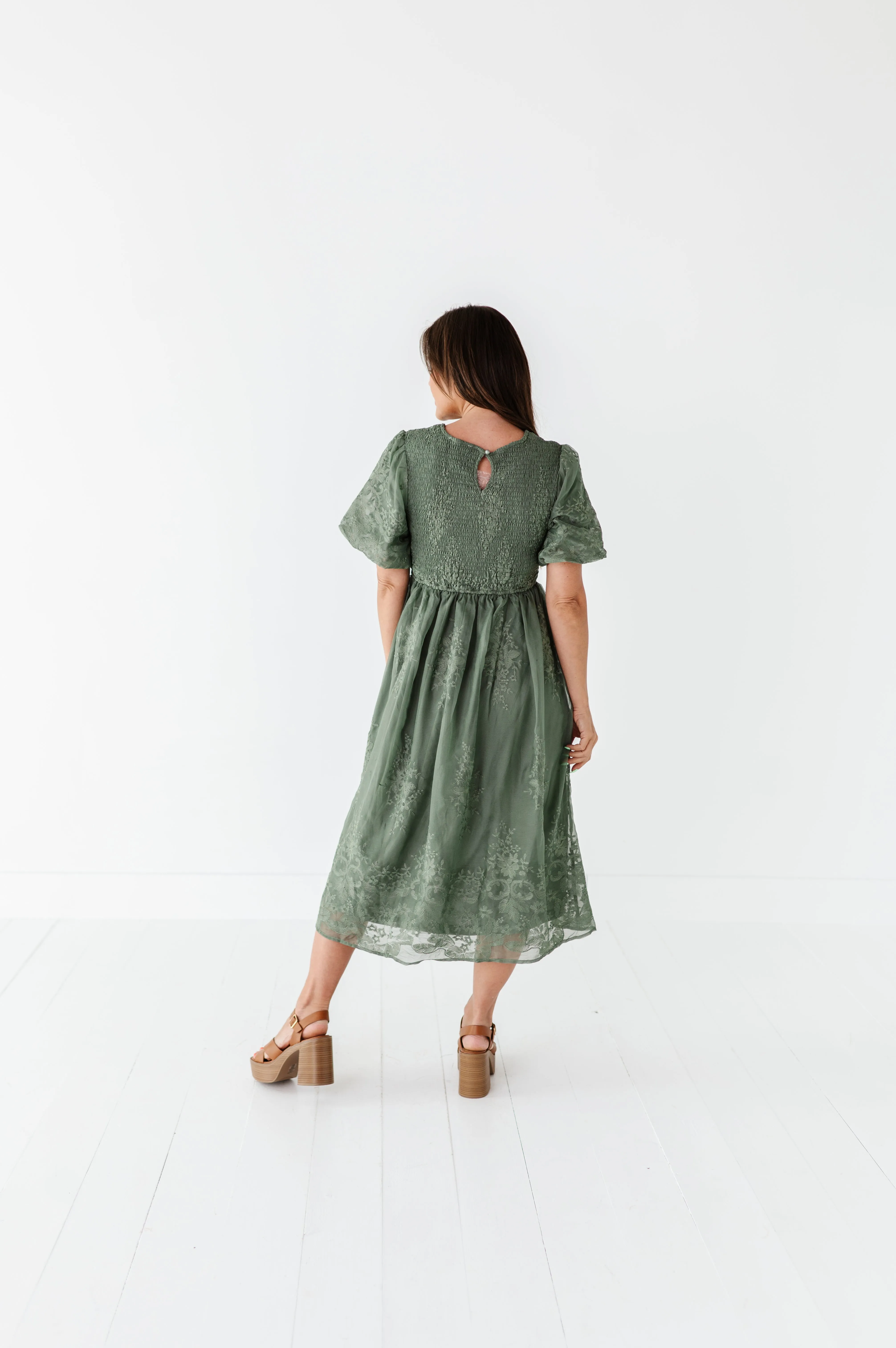 Mia Embroidered Smocked Dress in Sage