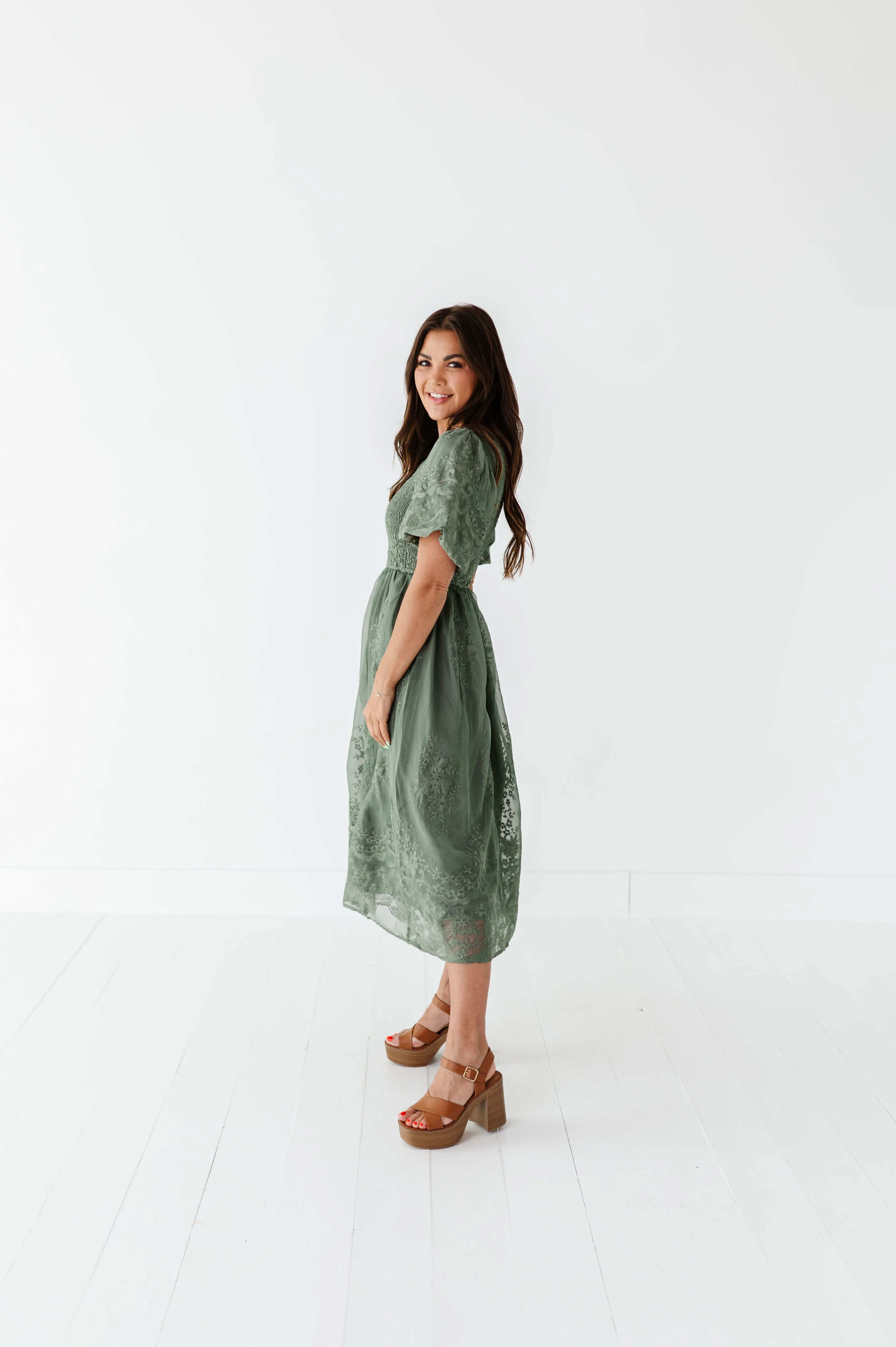 Mia Embroidered Smocked Dress in Sage