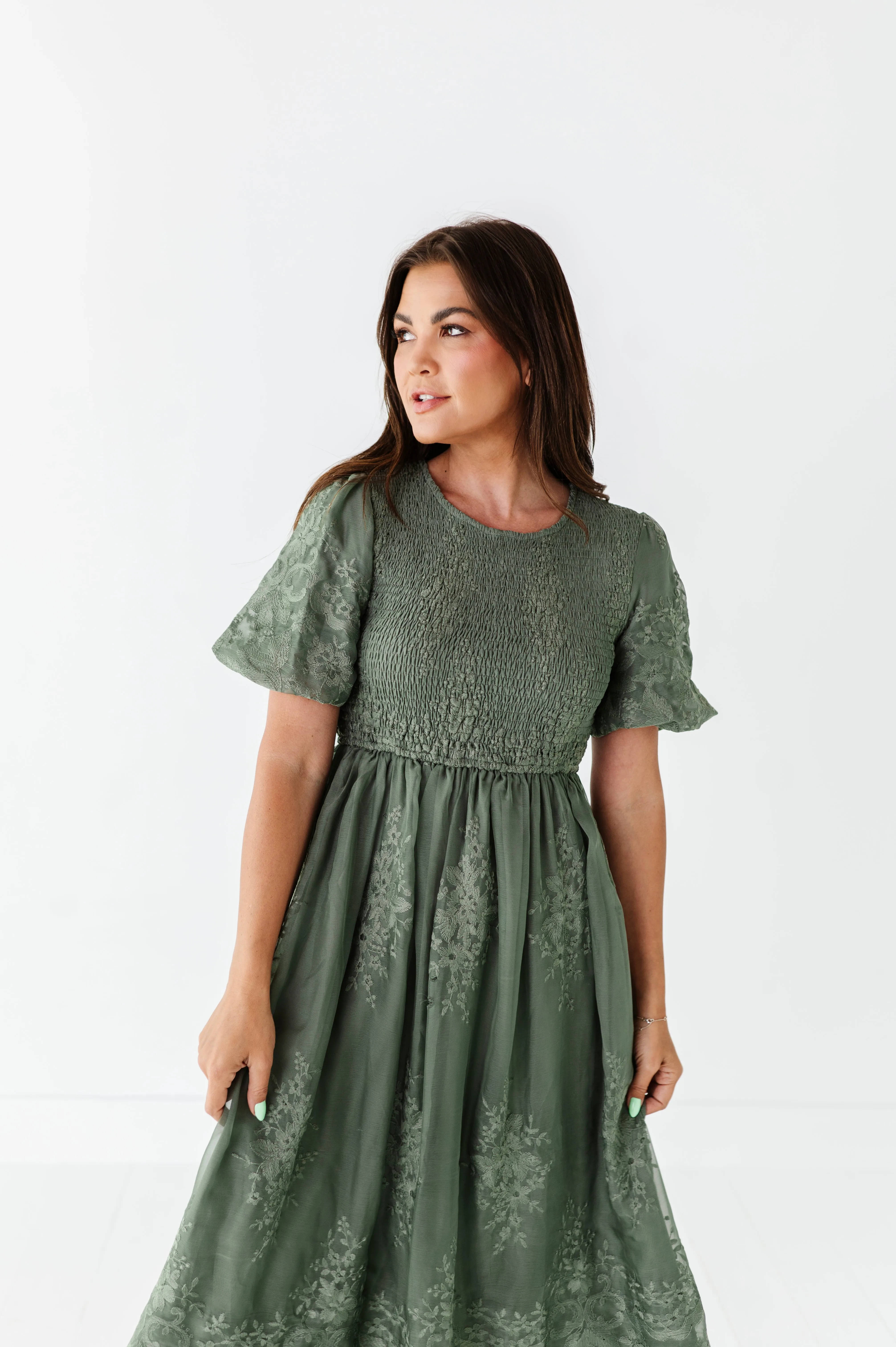 Mia Embroidered Smocked Dress in Sage