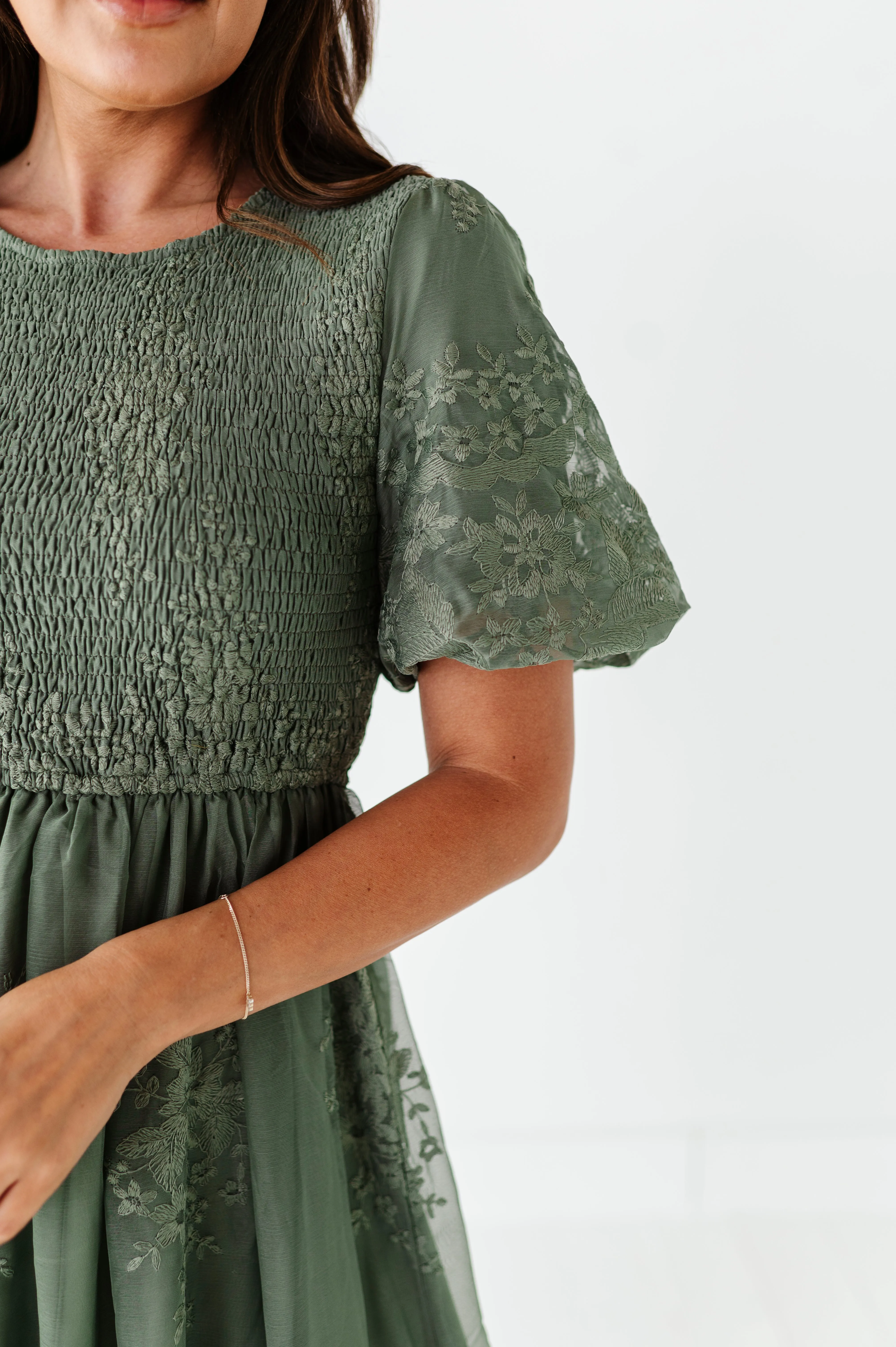 Mia Embroidered Smocked Dress in Sage