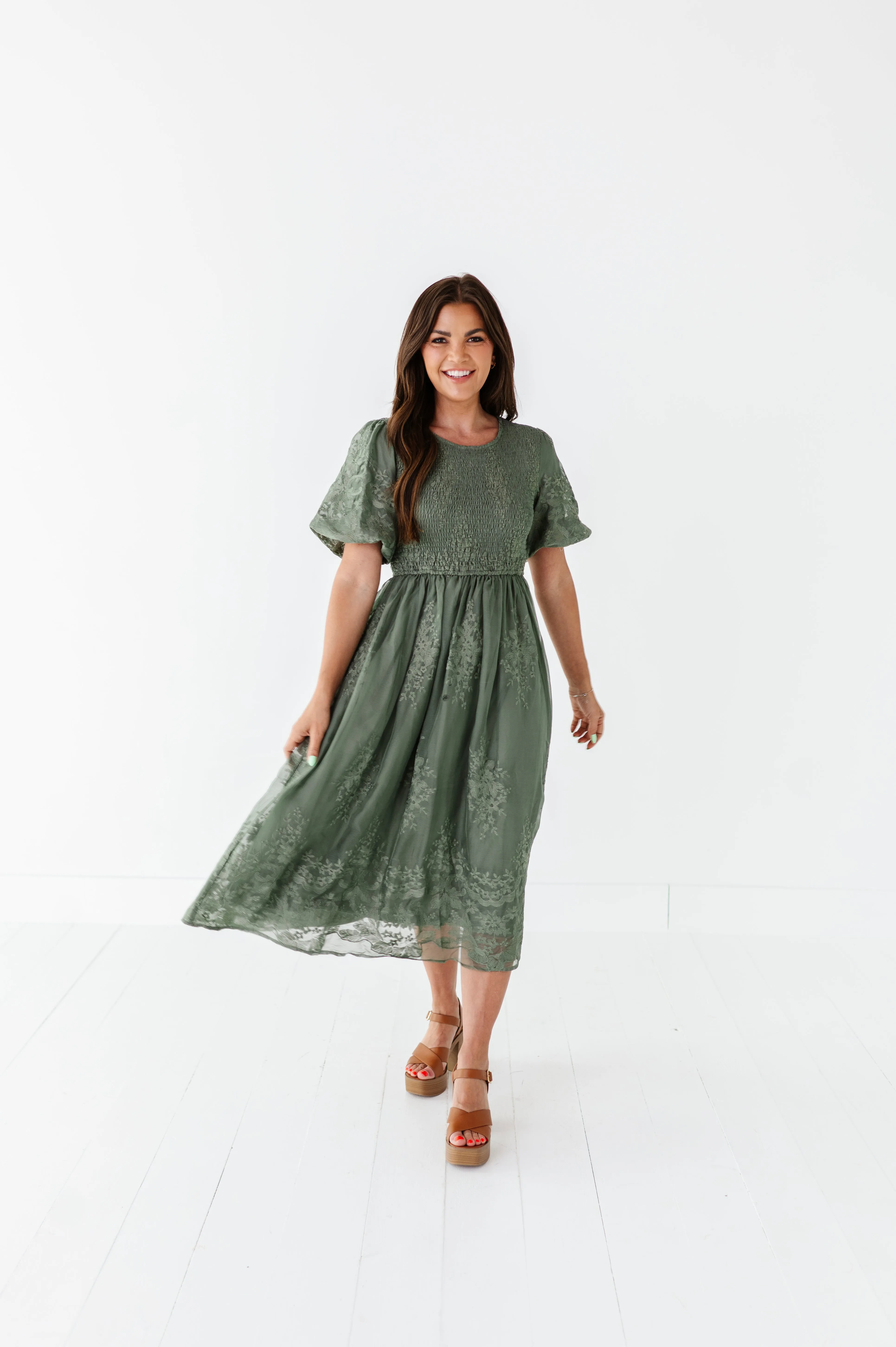 Mia Embroidered Smocked Dress in Sage