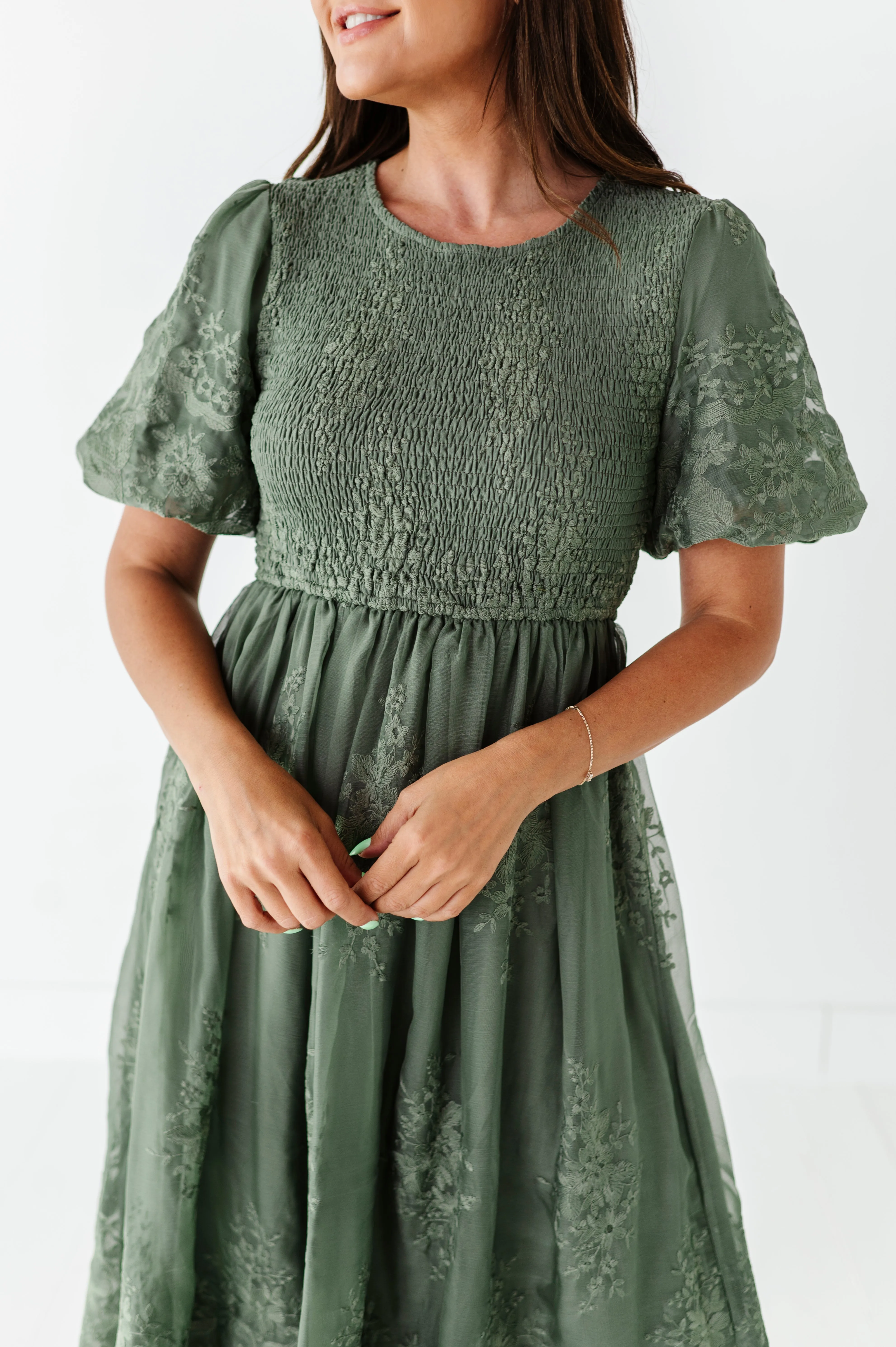 Mia Embroidered Smocked Dress in Sage