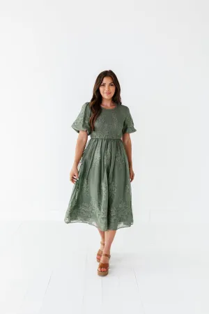 Mia Embroidered Smocked Dress in Sage