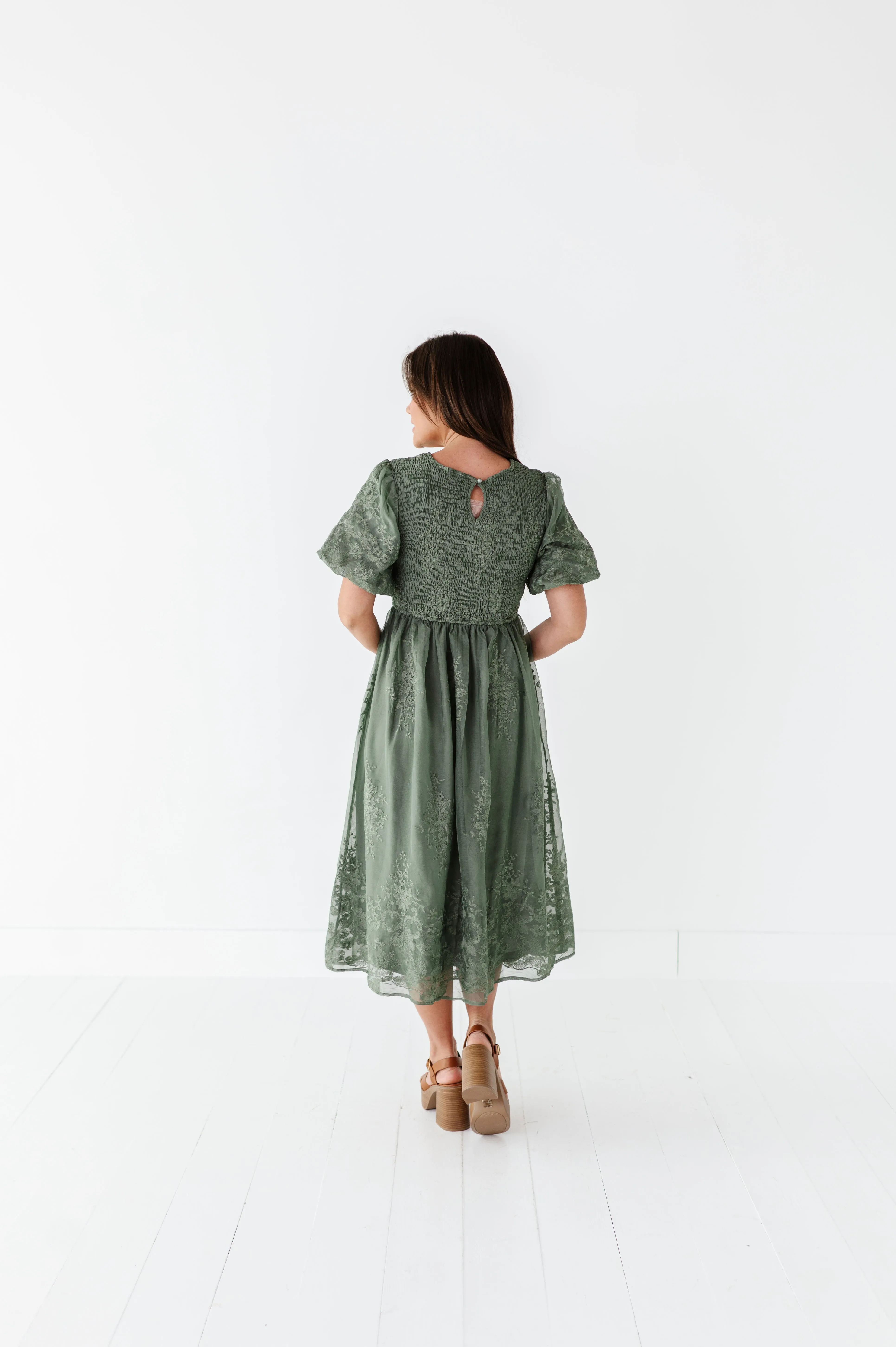 Mia Embroidered Smocked Dress in Sage