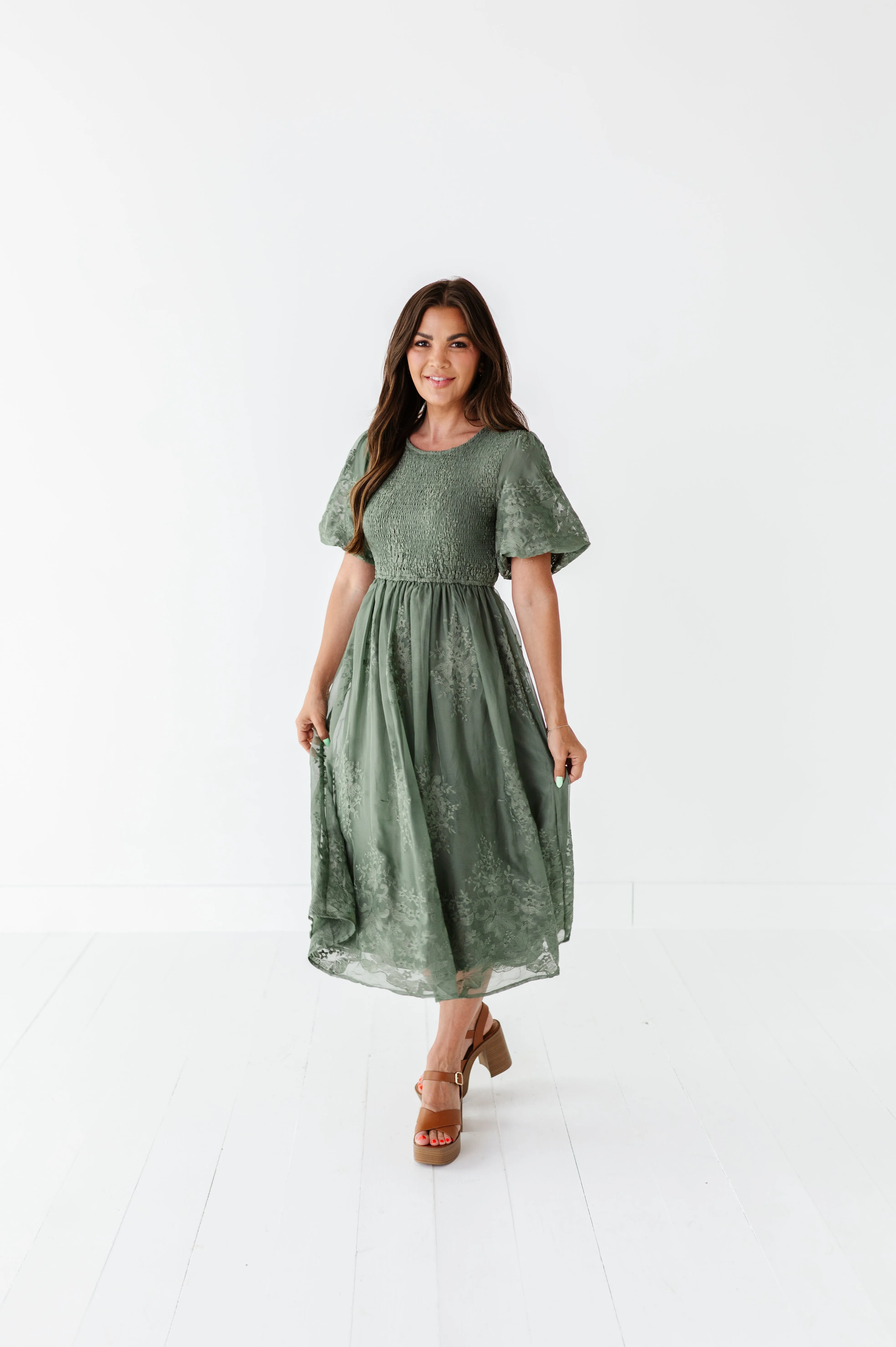 Mia Embroidered Smocked Dress in Sage