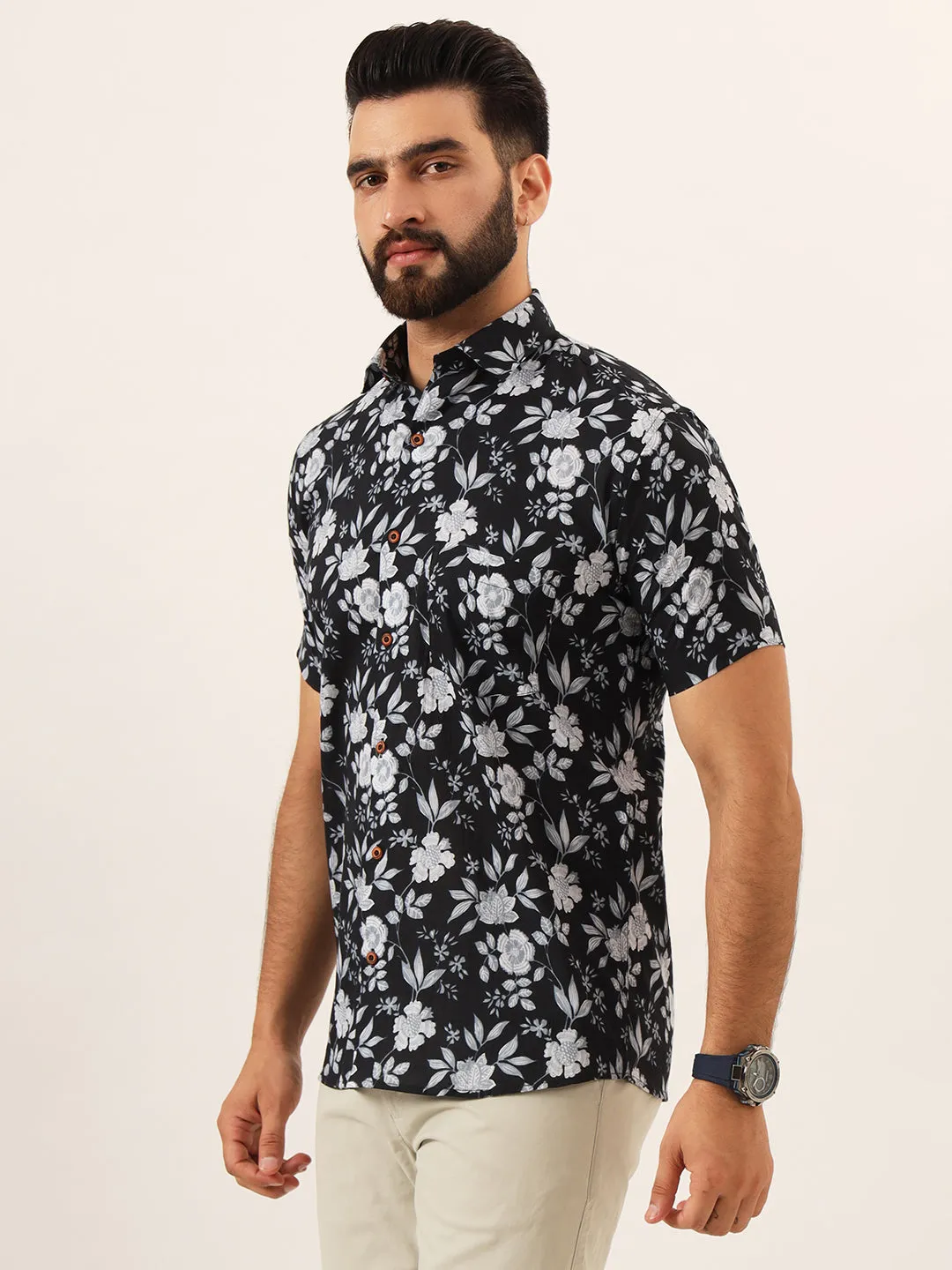 MILLENNIAL MEN Black Floral Print Pure Cotton Regular Fit Casual Half Sleeve