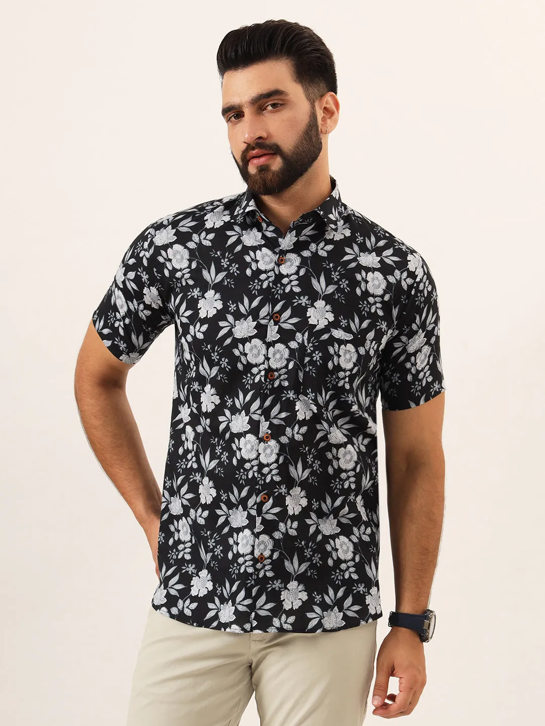 MILLENNIAL MEN Black Floral Print Pure Cotton Regular Fit Casual Half Sleeve