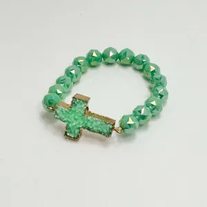 Mint Green Beaded Bracelet with Cross Druzy Accent