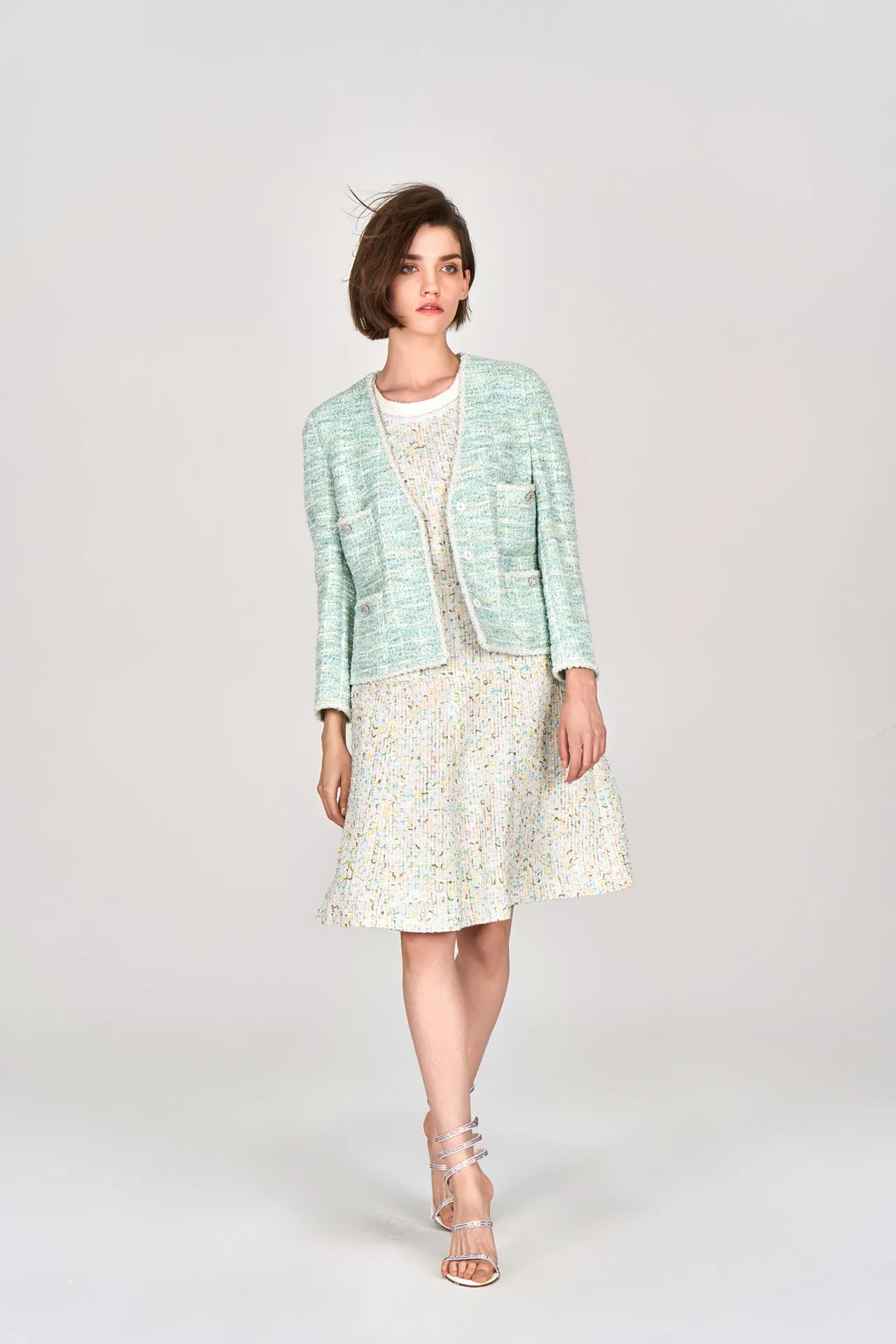 Mint Green V-neck Stretch Tweed Jacket