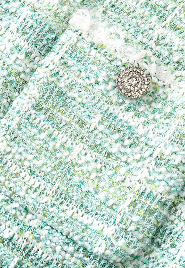 Mint Green V-neck Stretch Tweed Jacket