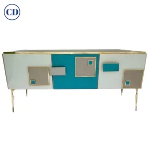 Modern Italian Ivory Gray Teal Blue Geometric Postmodern Brass Cabinet Sideboard