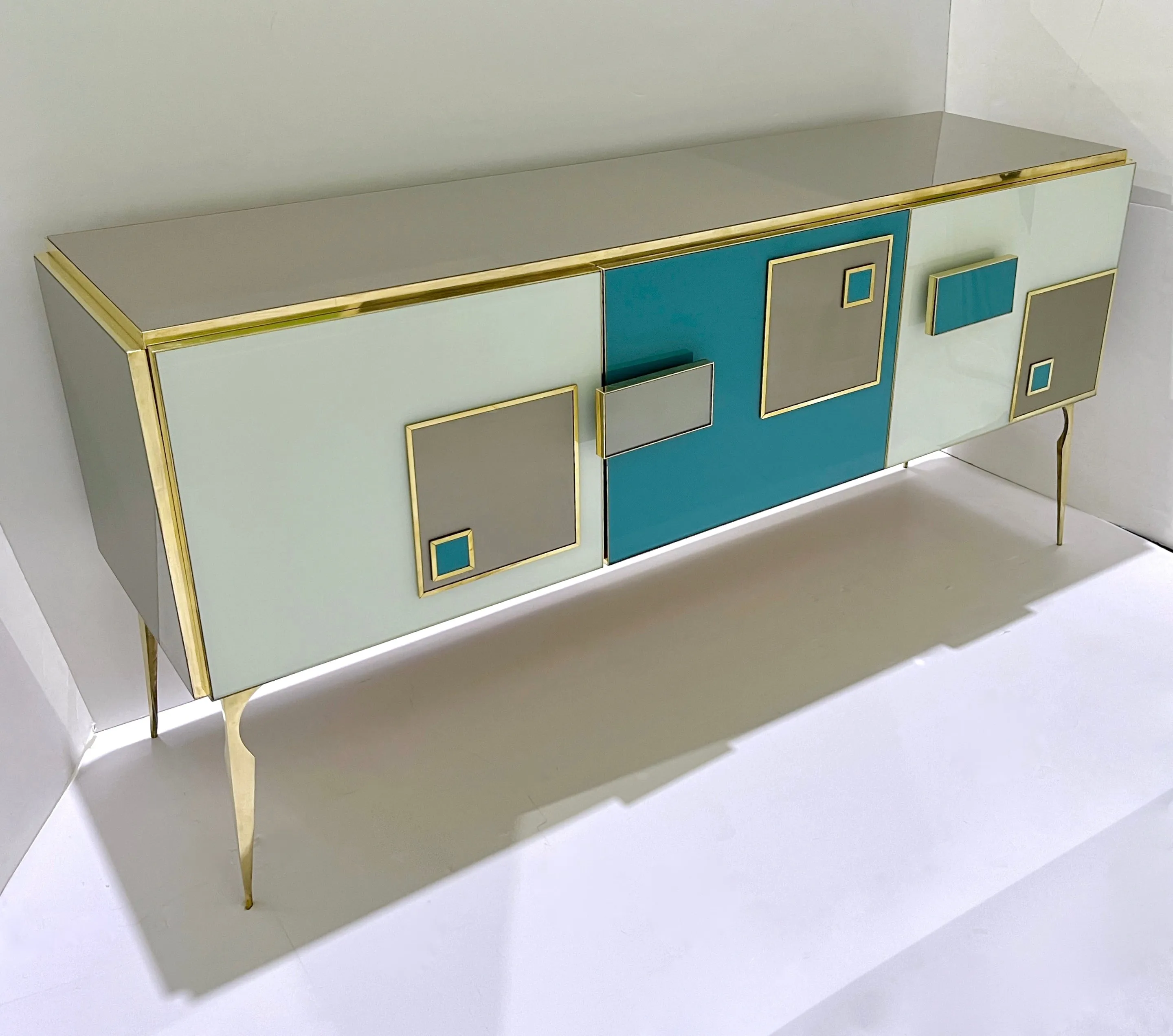 Modern Italian Ivory Gray Teal Blue Geometric Postmodern Brass Cabinet Sideboard