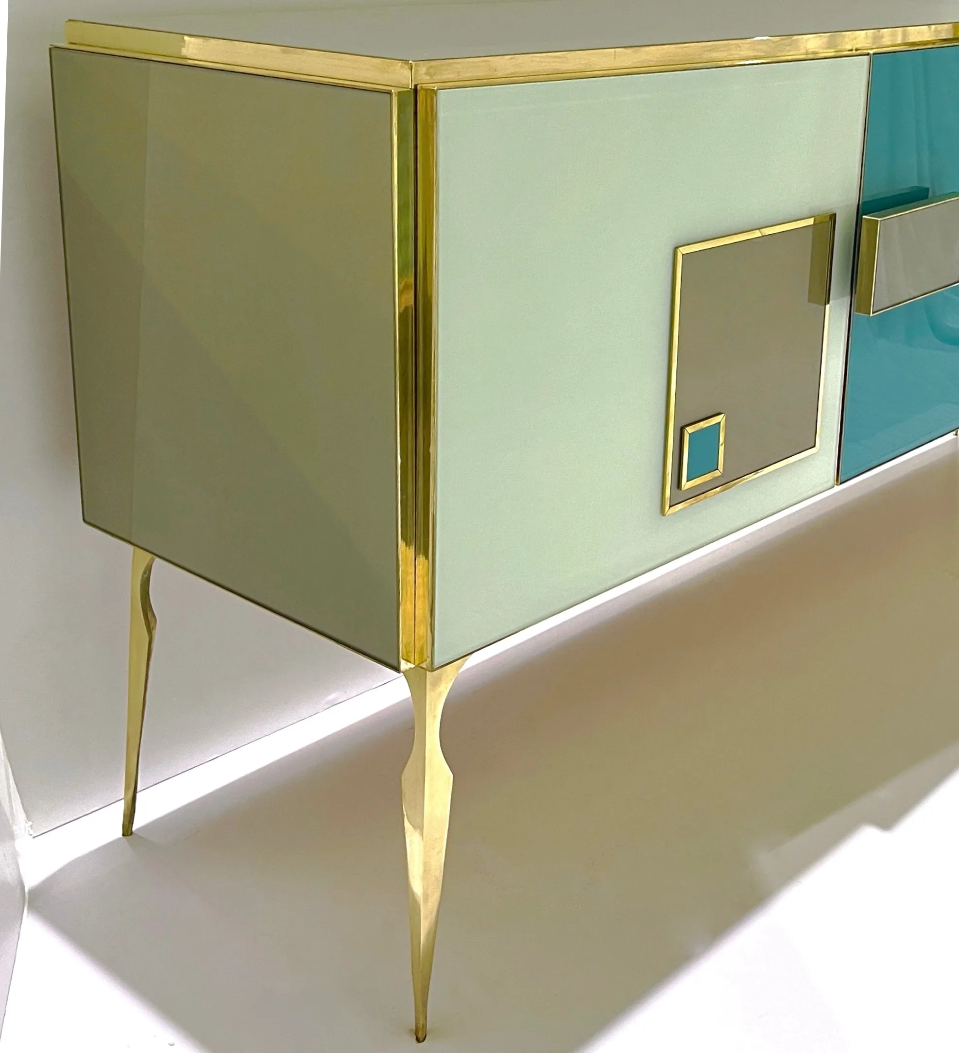 Modern Italian Ivory Gray Teal Blue Geometric Postmodern Brass Cabinet Sideboard