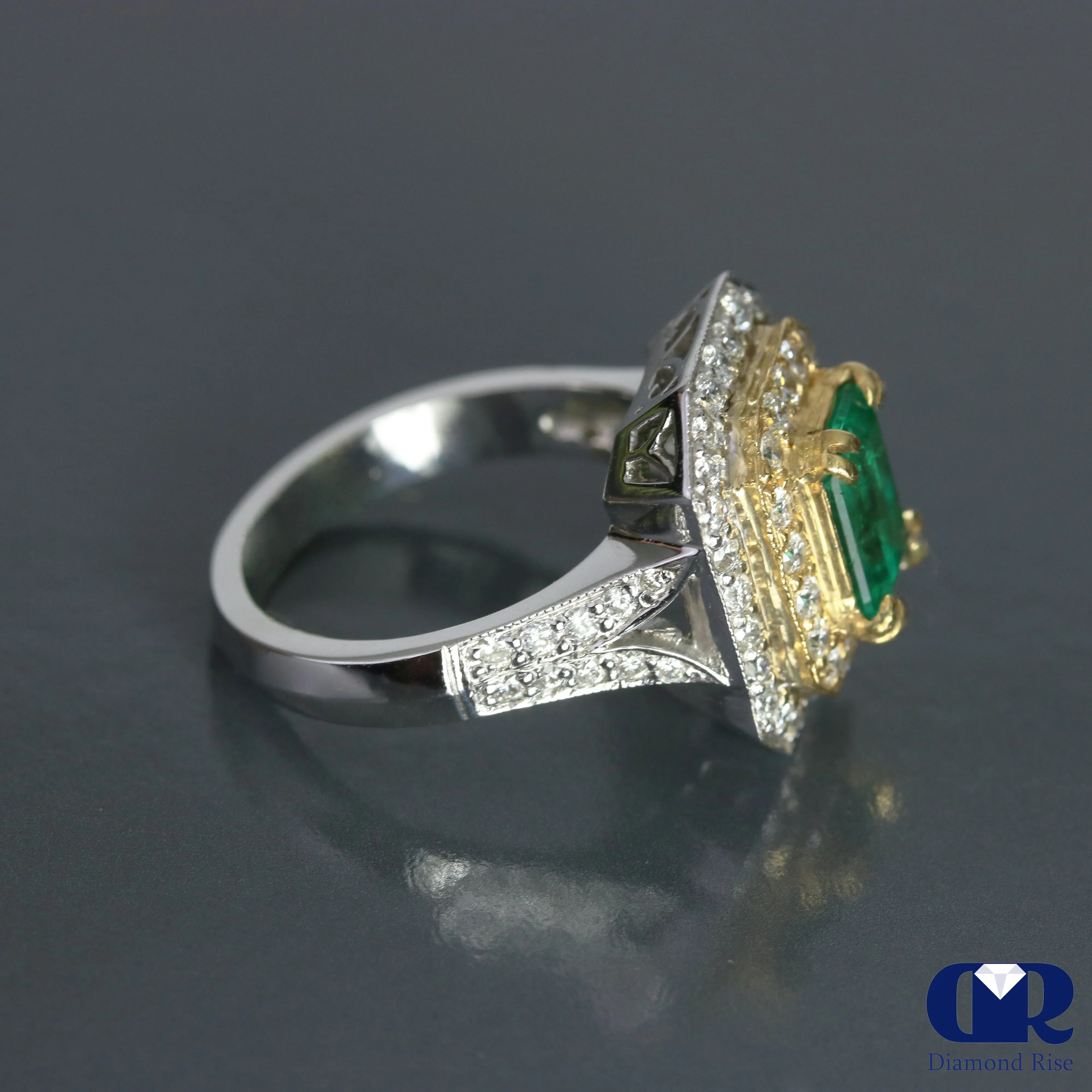 Natural 2.90 Ct Emerald & Diamond Engagement Ring Cocktail 18K Whit & Yellow Gold