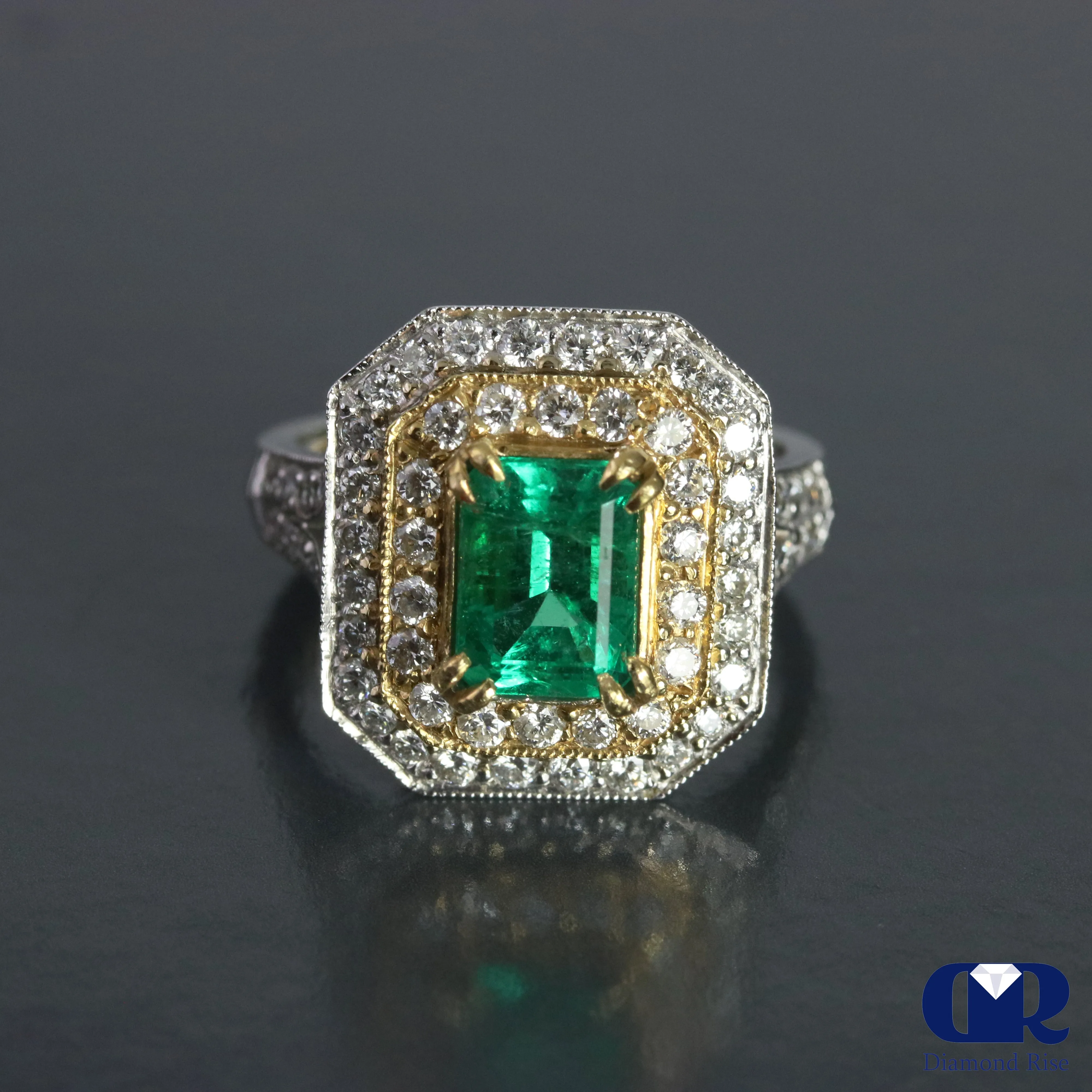 Natural 2.90 Ct Emerald & Diamond Engagement Ring Cocktail 18K Whit & Yellow Gold