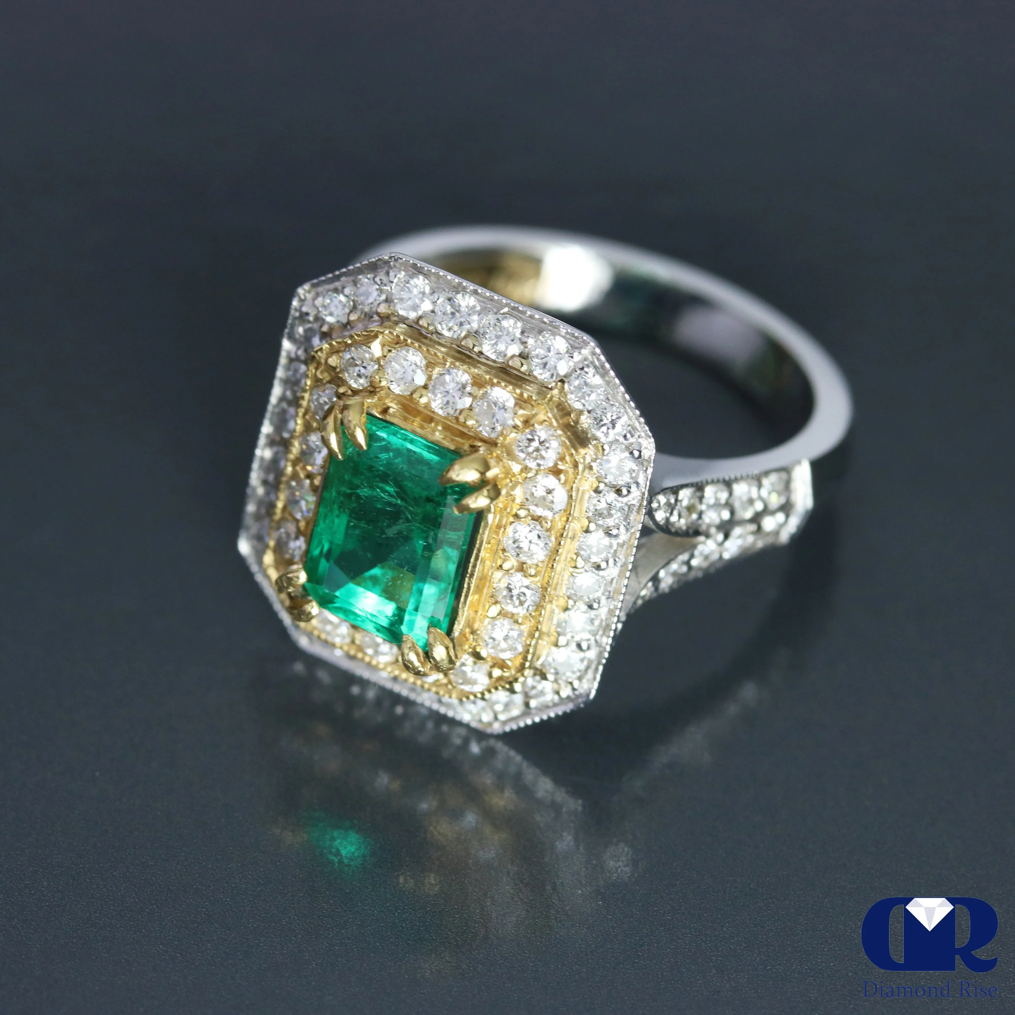 Natural 2.90 Ct Emerald & Diamond Engagement Ring Cocktail 18K Whit & Yellow Gold