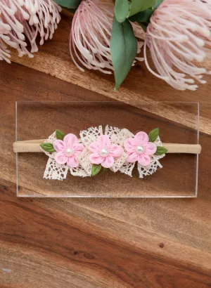 Newborn Three Flower Chiffon & Lace Headband- Light Pink