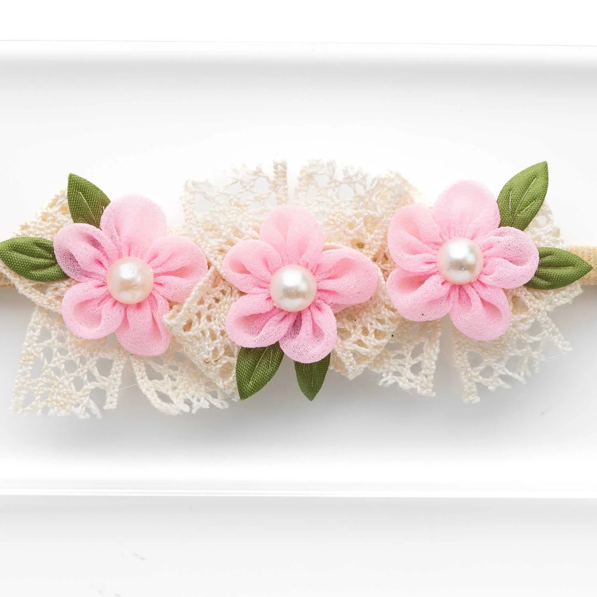 Newborn Three Flower Chiffon & Lace Headband- Light Pink