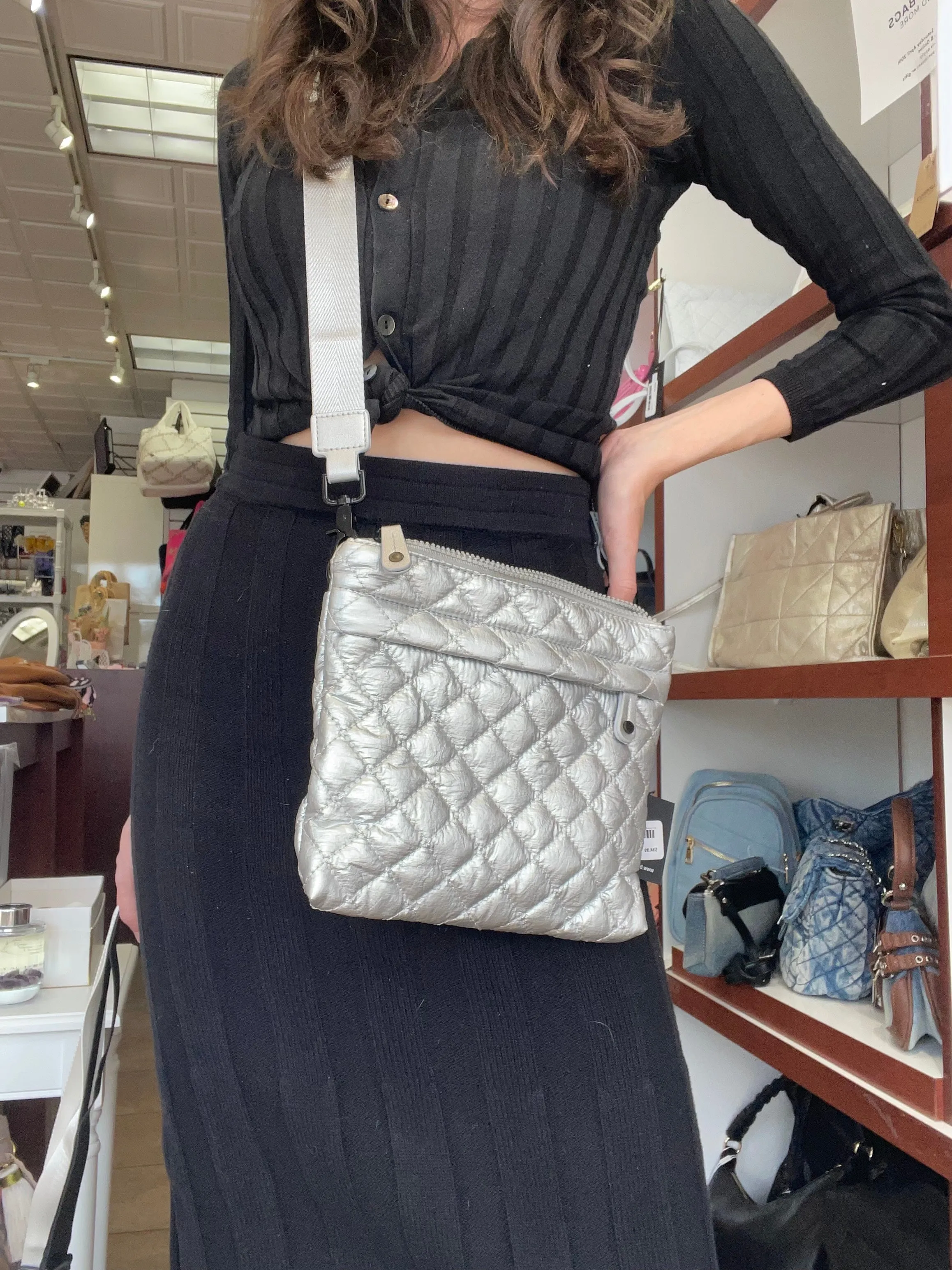 N/S Quilted Nylon Crossbody with Outside Pockets