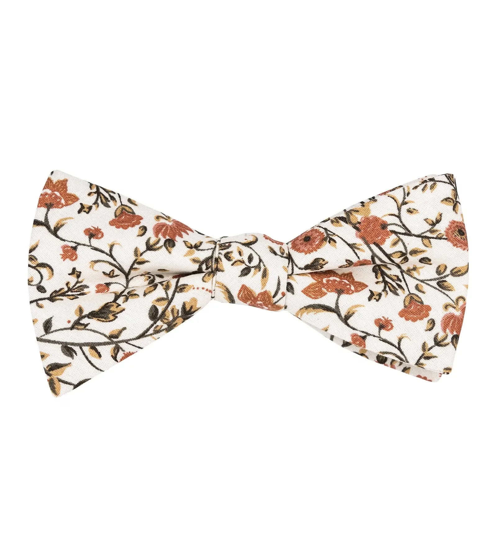 Otto Dusty Orange, Cream & Moss Greens Floral Print Cotton Bow Tie, Pocket Square and Burnt Orange Braces Set