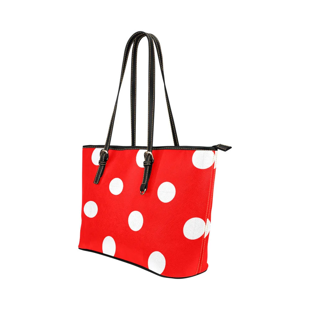 Red With White Polka Dots Leather Tote Bag