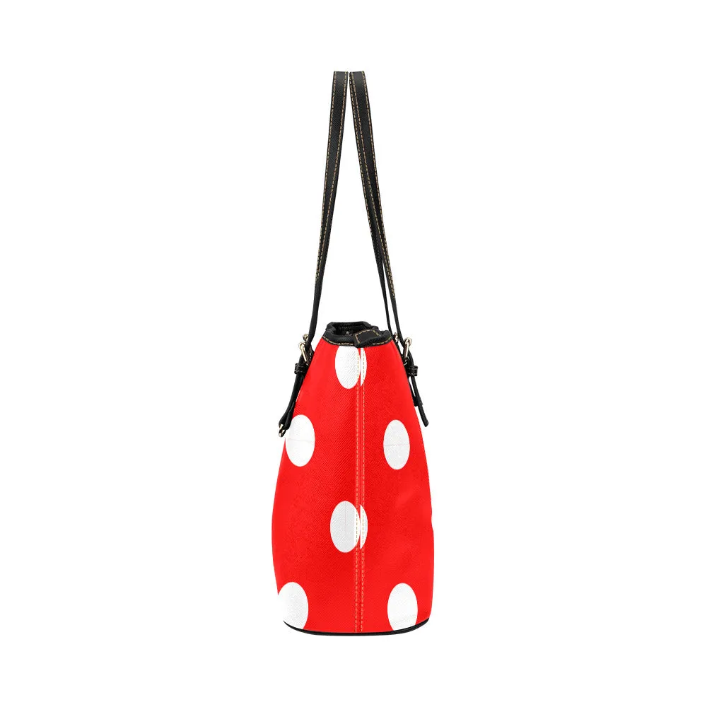 Red With White Polka Dots Leather Tote Bag