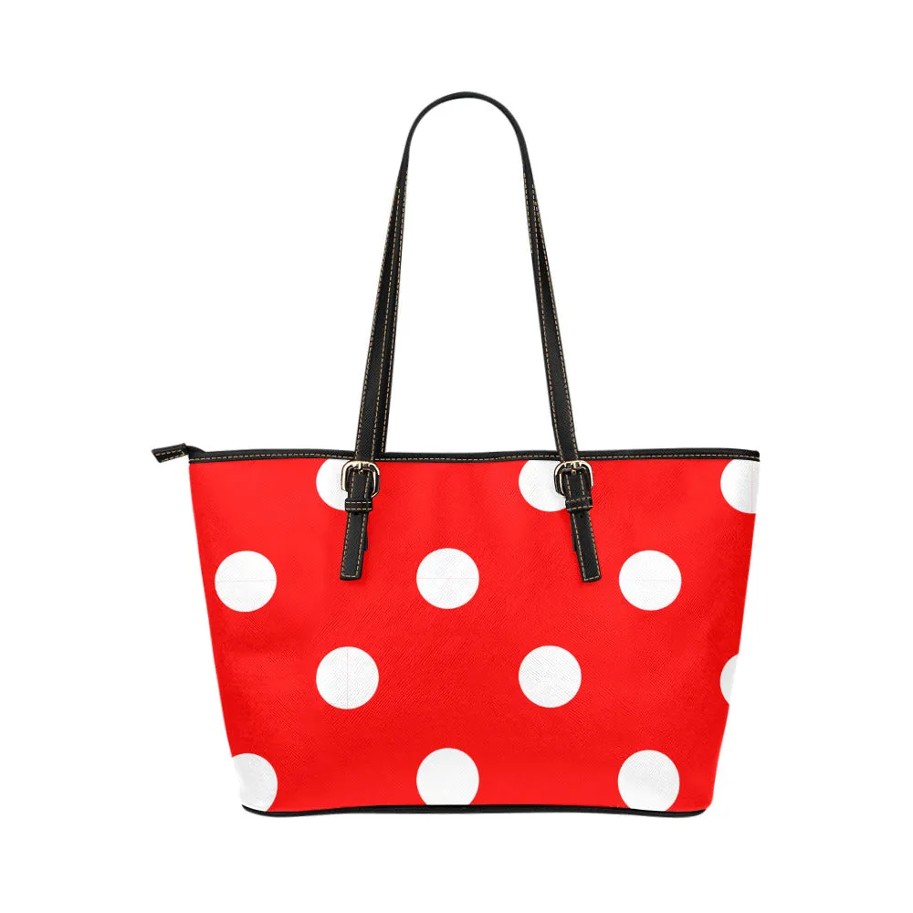 Red With White Polka Dots Leather Tote Bag