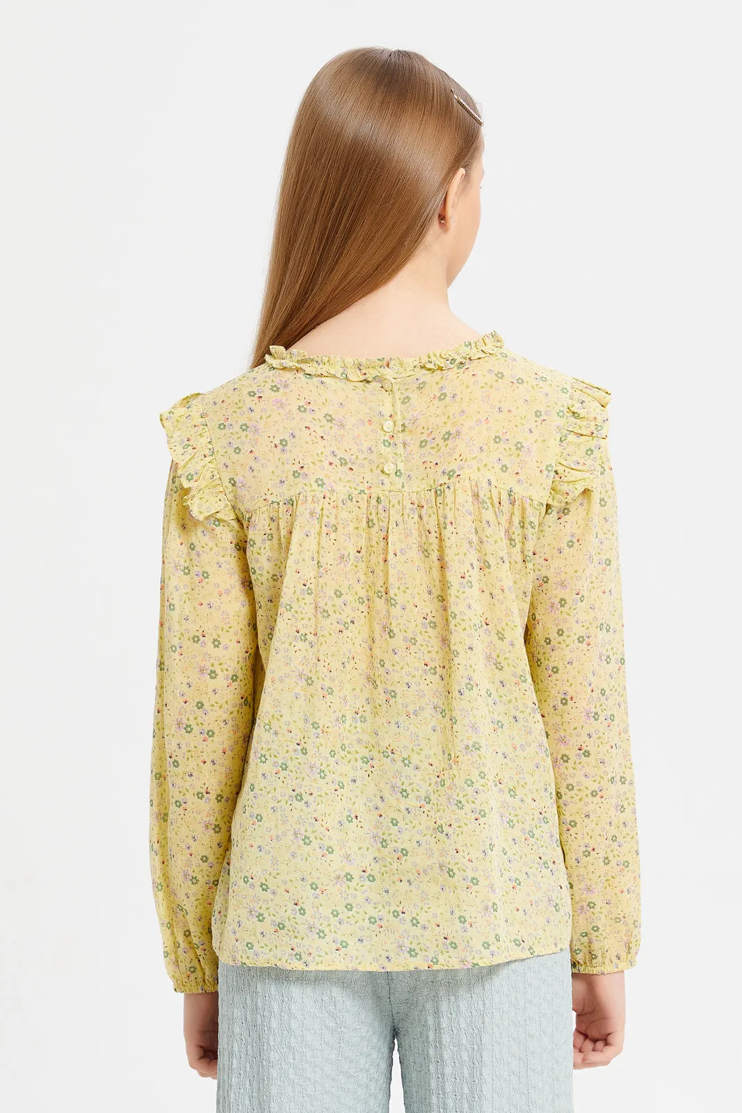 Senior Girls Yellow Ditsy Floral Front Pleated Blouse