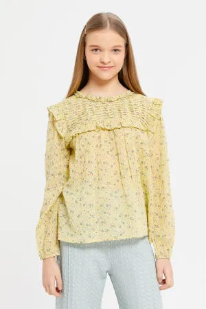 Senior Girls Yellow Ditsy Floral Front Pleated Blouse