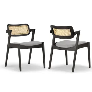 Set of 2 Azula Gray Fabric Dining Chair with Rattan Back and Black Wood Legs