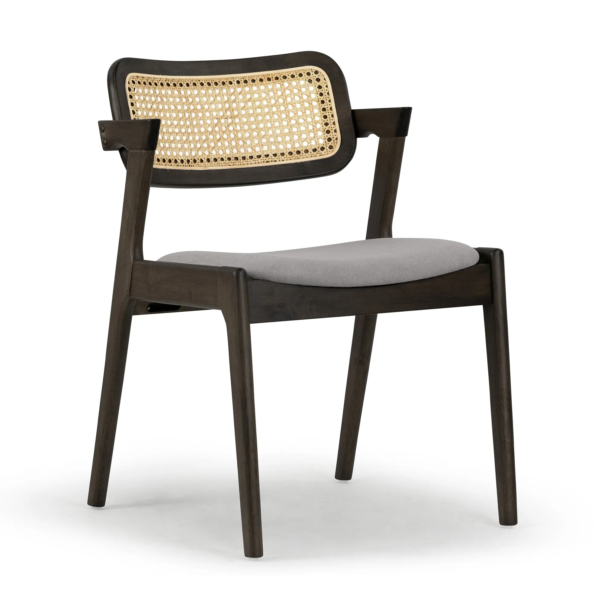 Set of 2 Azula Gray Fabric Dining Chair with Rattan Back and Black Wood Legs