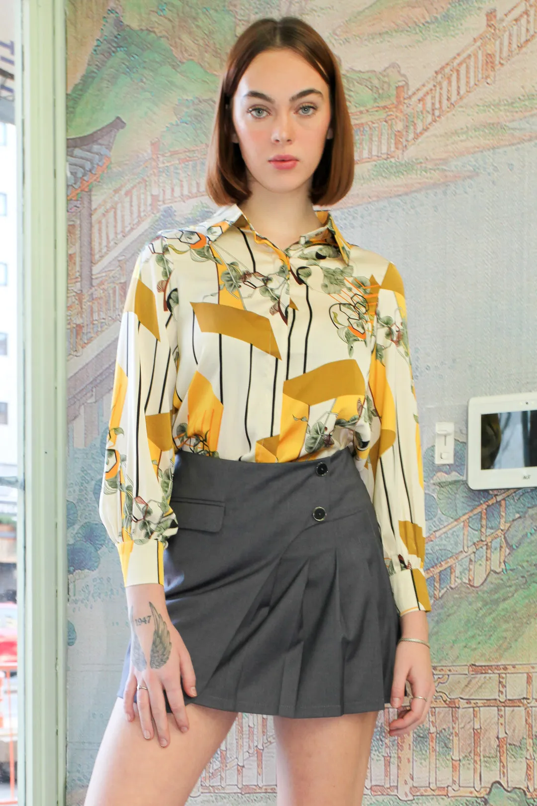 Silk Abstract Prints Yellow Shirt