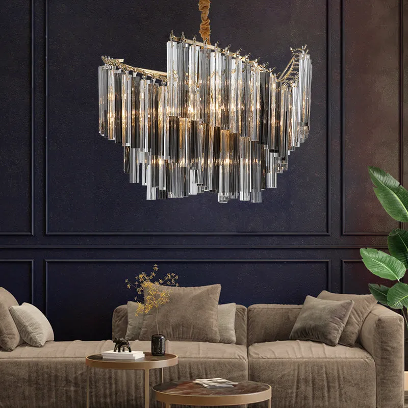 Sleek Smoke Gray Chandelier - Postmodern Spiral Design, Crystal Rods - Perfect for Living Room Lighting - 5/10 Heads Hang Lamp