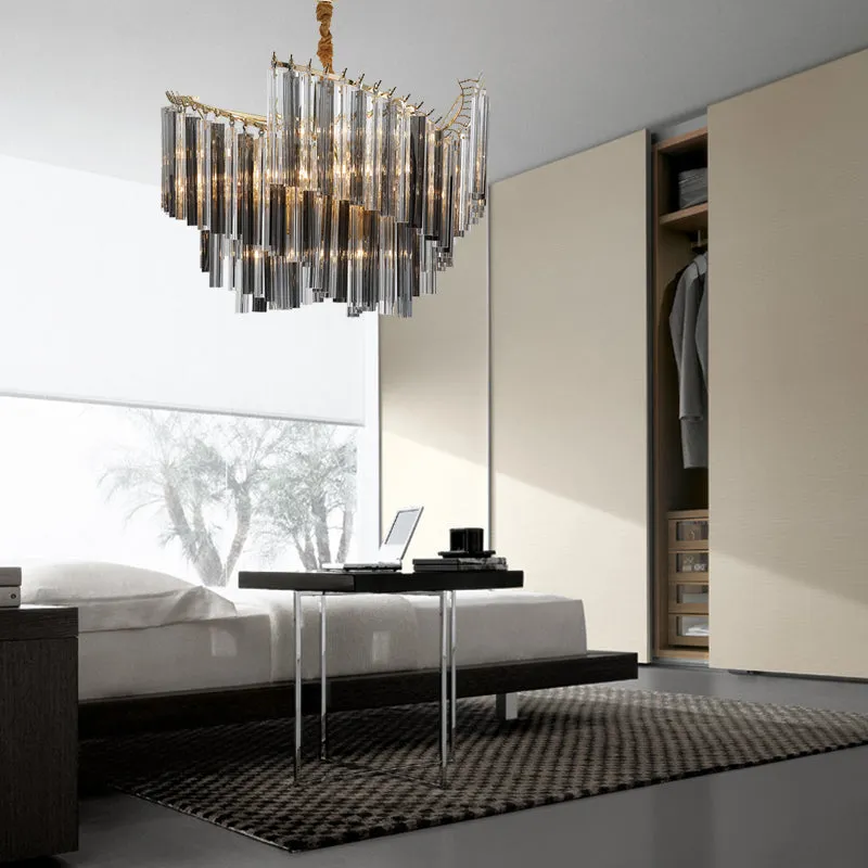 Sleek Smoke Gray Chandelier - Postmodern Spiral Design, Crystal Rods - Perfect for Living Room Lighting - 5/10 Heads Hang Lamp