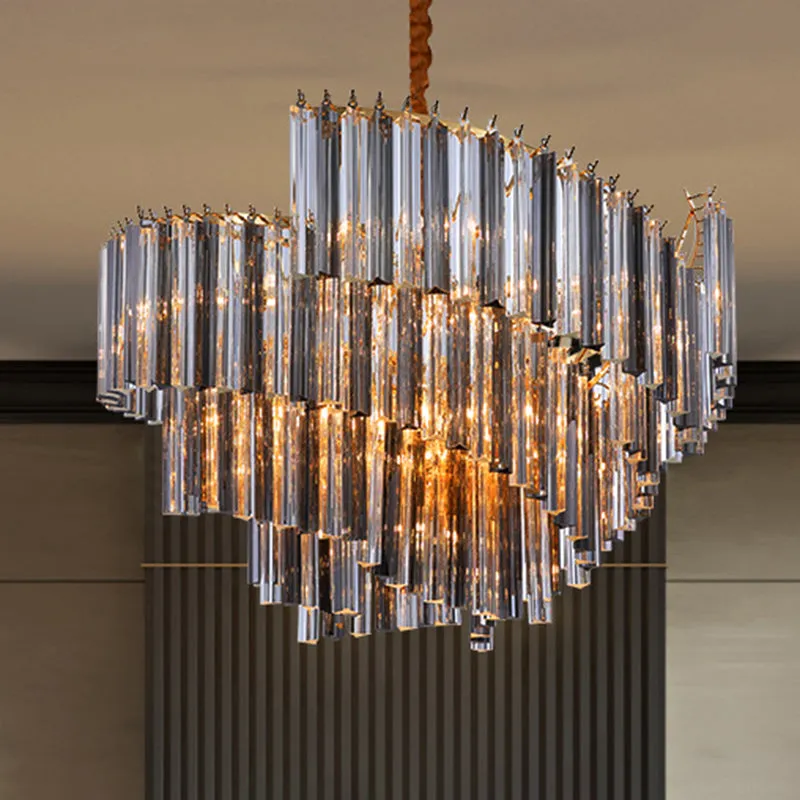 Sleek Smoke Gray Chandelier - Postmodern Spiral Design, Crystal Rods - Perfect for Living Room Lighting - 5/10 Heads Hang Lamp