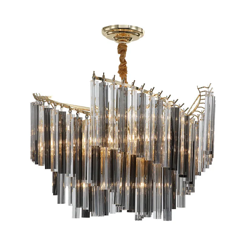 Sleek Smoke Gray Chandelier - Postmodern Spiral Design, Crystal Rods - Perfect for Living Room Lighting - 5/10 Heads Hang Lamp