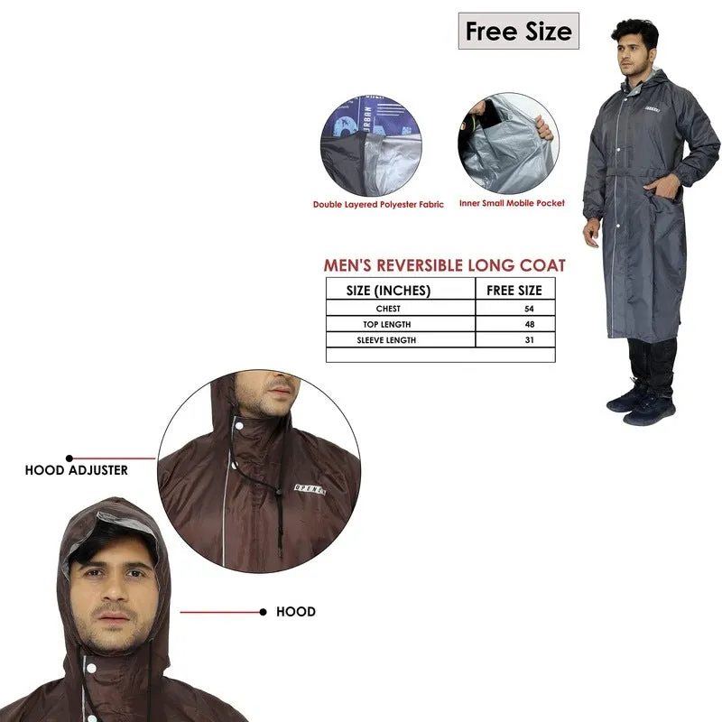 THE CLOWNFISH Combo Of 2 Reversible Use Unisex Waterproof Long Coats Raincoats for Men and Women with Adjustable Hood and Reflector at Back with Storage Bag Opener Series (Grey, Brown -Free Size)