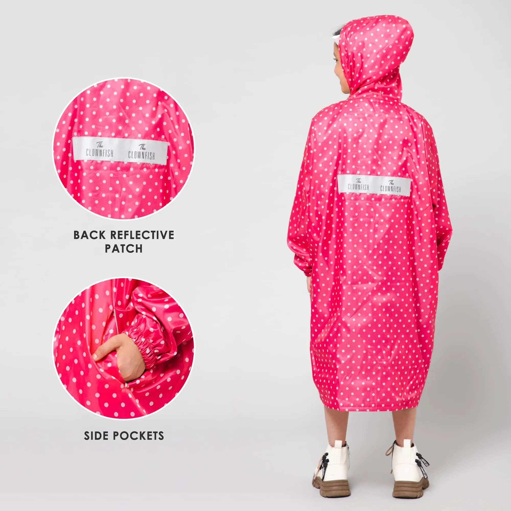 The Clownfish Drizzle Dot Series Kids Raincoat Waterproof Polyester Double Coating Reversible Longcoat with Hood and Reflector Logo at Back. Printed Plastic Pouch. Kid Age-13-14 years (Bubblegum Pink)