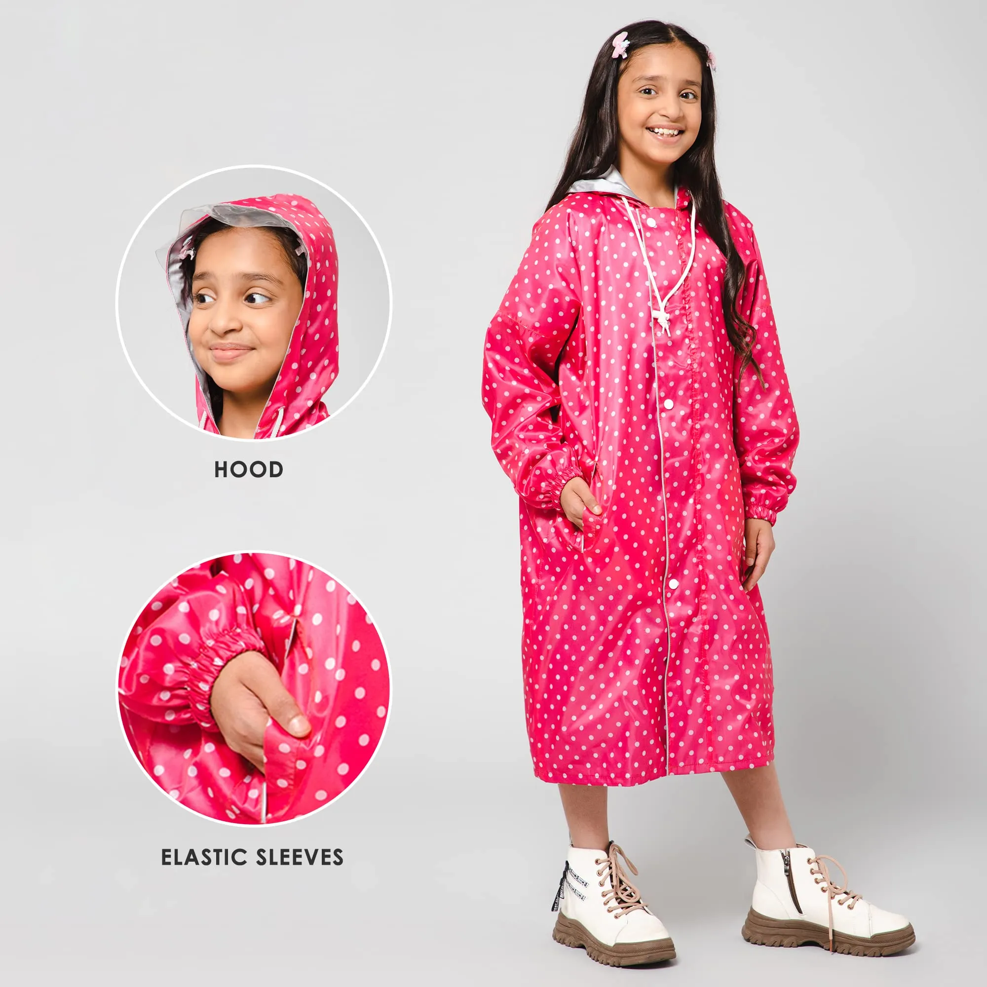 The Clownfish Drizzle Dot Series Kids Raincoat Waterproof Polyester Double Coating Reversible Longcoat with Hood and Reflector Logo at Back. Printed Plastic Pouch. Kid Age-13-14 years (Bubblegum Pink)