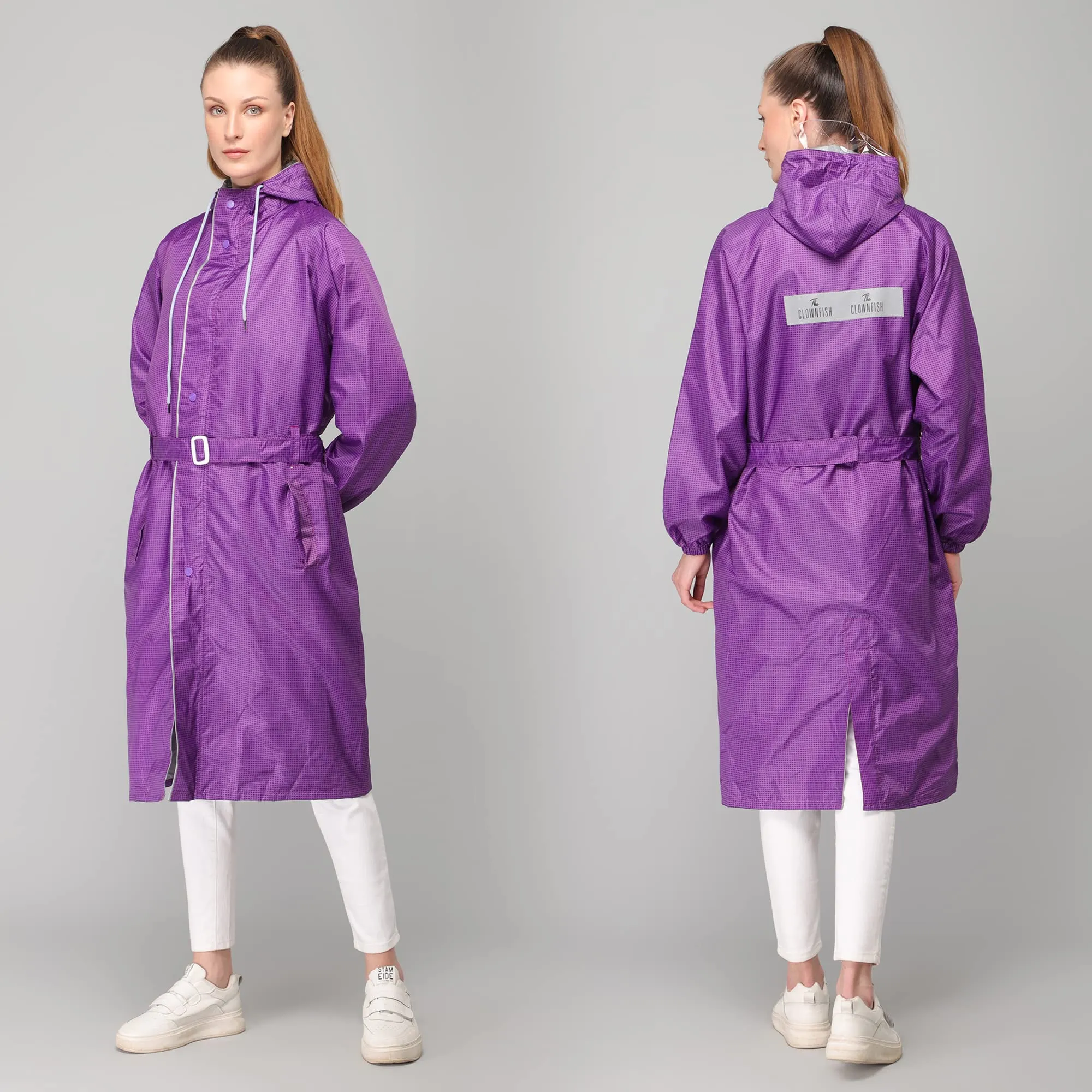 THE CLOWNFISH Dynamic Series Women's Waterproof Polyester Reversible Raincoat/Longcoat with Hood and Reflector Logo at Back for Night Visibility -with Storage Bag (Navy Blue, XXL)