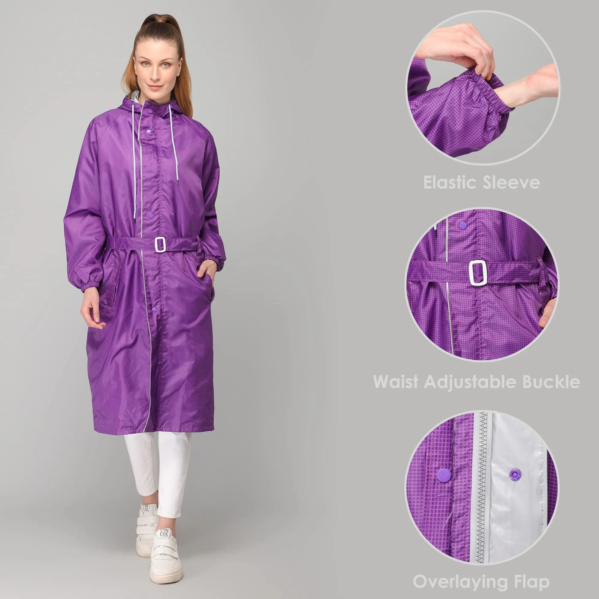 THE CLOWNFISH Dynamic Series Women's Waterproof Polyester Reversible Raincoat/Longcoat with Hood and Reflector Logo at Back for Night Visibility -with Storage Bag (Navy Blue, XXL)