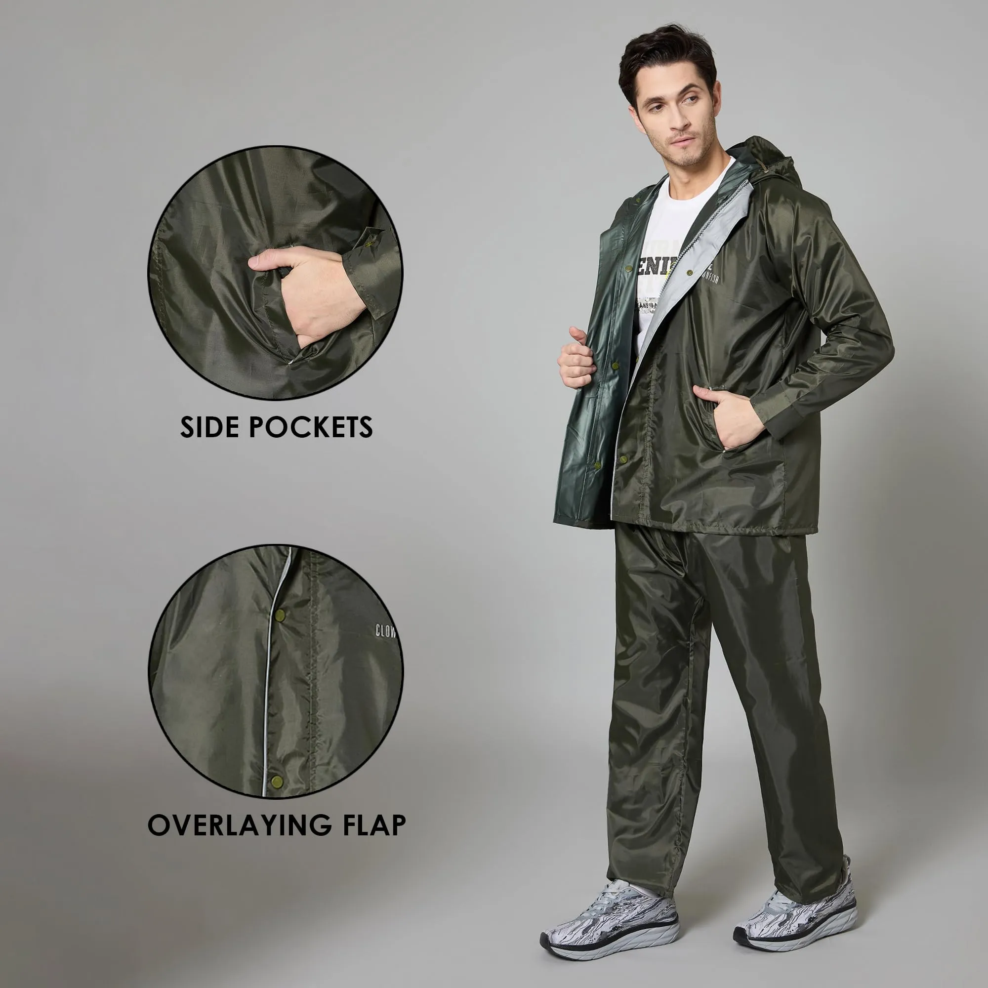 THE CLOWNFISH Polyester Reversible Double Layer Rain Coat For Men Waterproof Raincoat With Pants|Bike Rain Suit Rain Standard Length Jacket Suit Inner Mobile Pocket With Storage Bag (Mehendi Xxl)