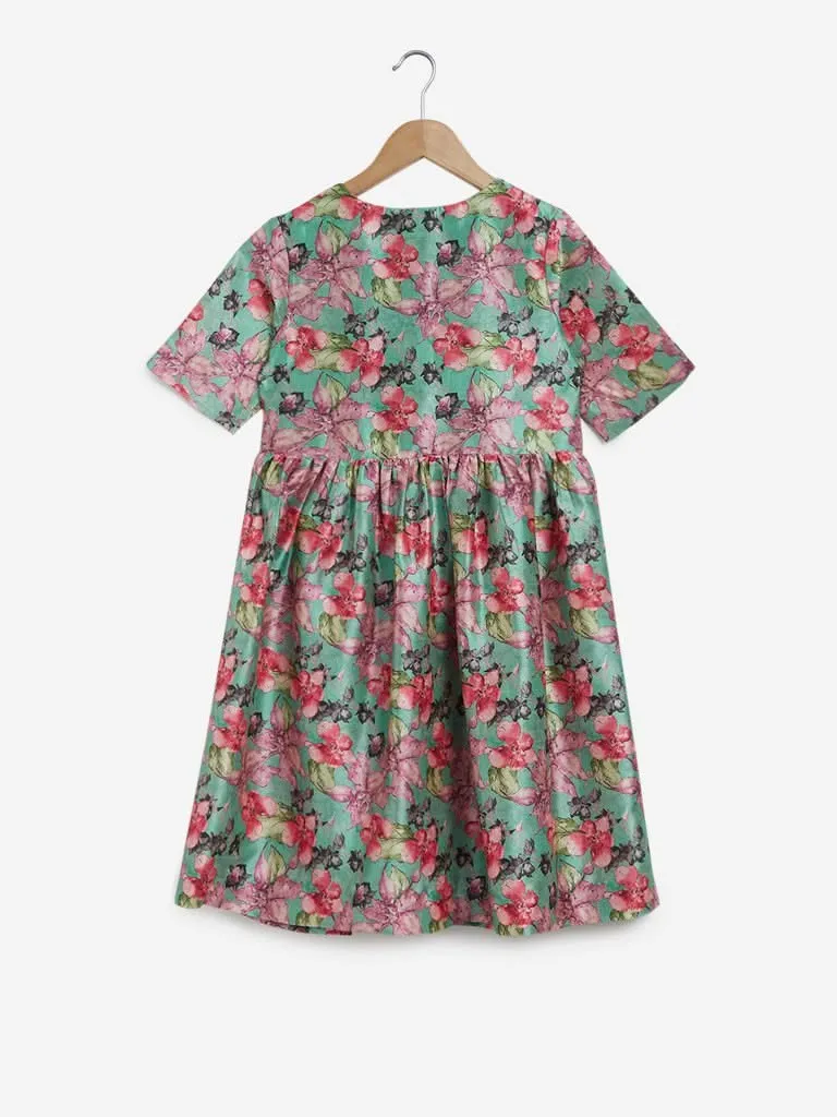 Utsa Kids Sea Green Floral Printed Dress