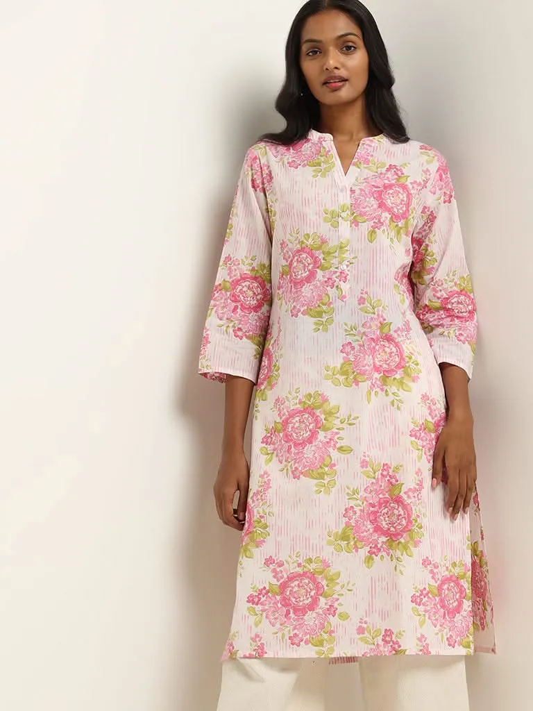 Utsa Pink Bold Floral Printed Cotton Kurta