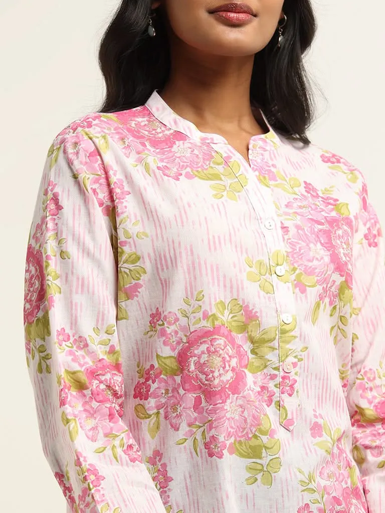 Utsa Pink Bold Floral Printed Cotton Kurta