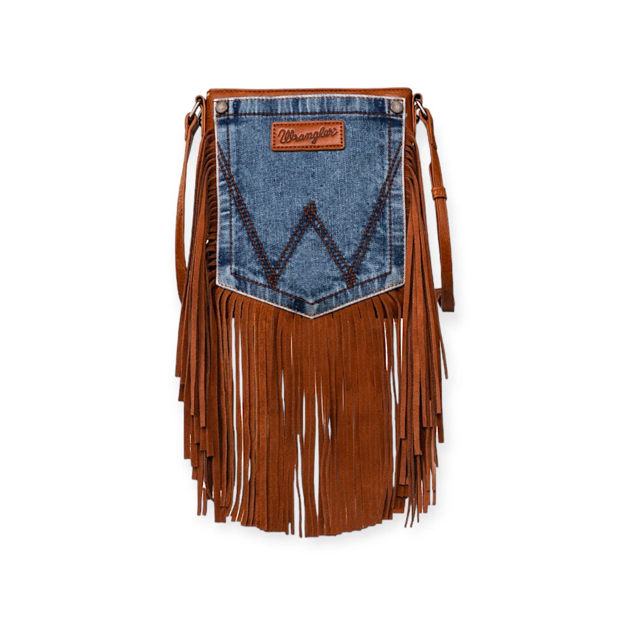 Wrangler Leather Fringe Jean Denim Pocket Crossbody Bag - Brown/Acid Wash